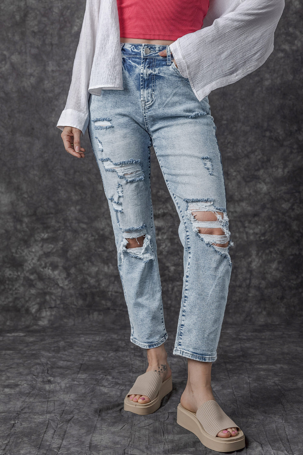 Sky Blue Light Wash Frayed Slim Fit High Waist Jeans-Bottoms/Jeans-[Adult]-[Female]-2022 Online Blue Zone Planet