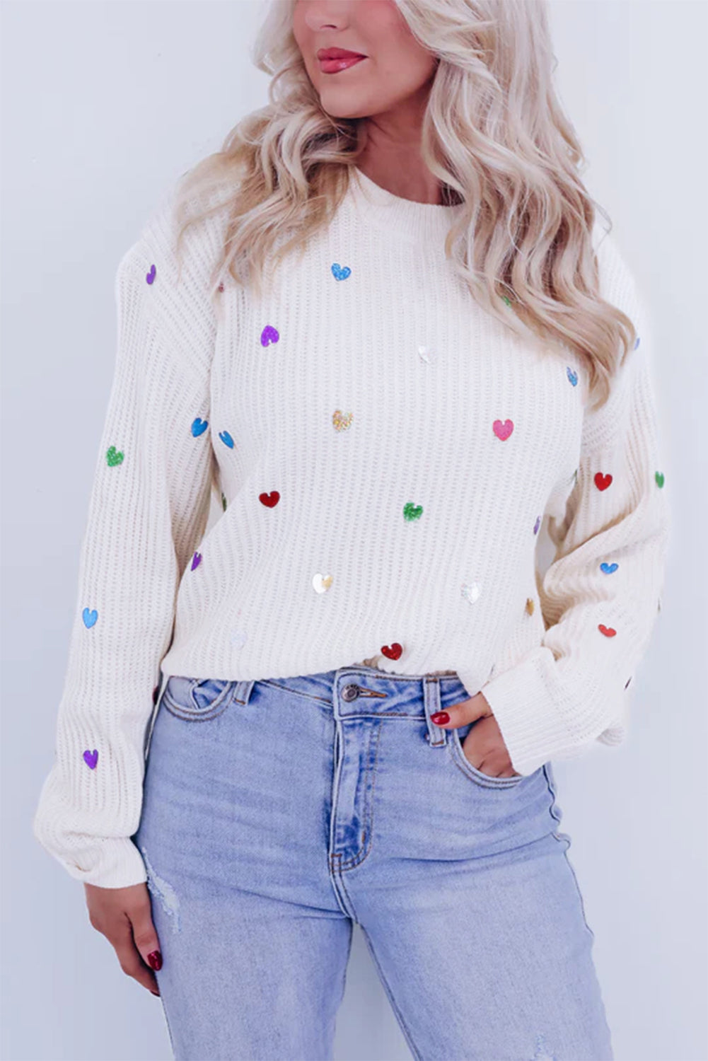 Blue Zone Planet | Beige Sequin Heart Shape Waffle Knit Round Neck Sweater-Sweaters & Cardigans/Sweaters-[Adult]-[Female]-Beige-S-2022 Online Blue Zone Planet