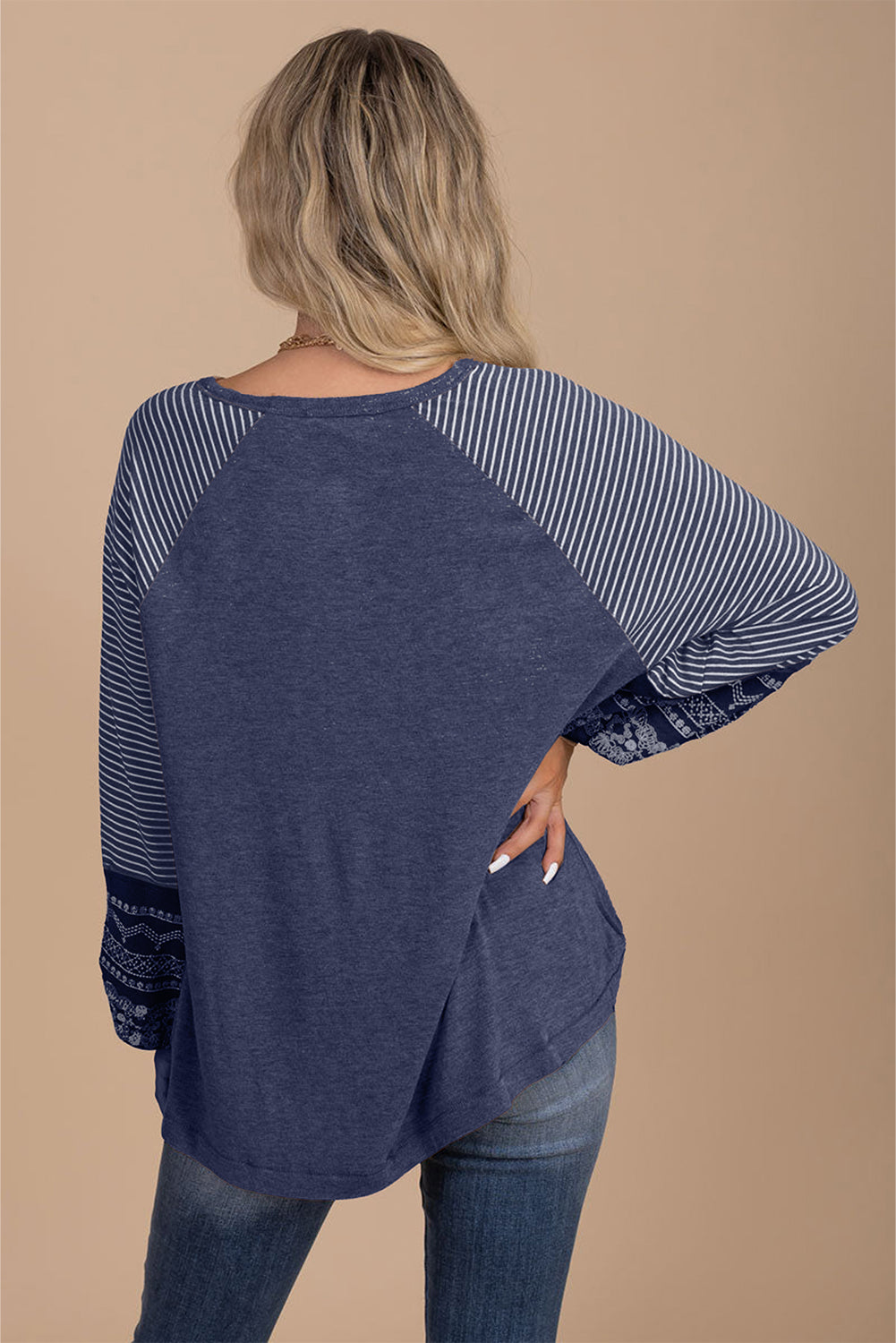 Navy Blue Contrast Print Striped Raglan Long Sleeve Loose Top-Tops/Long Sleeve Tops-[Adult]-[Female]-2022 Online Blue Zone Planet