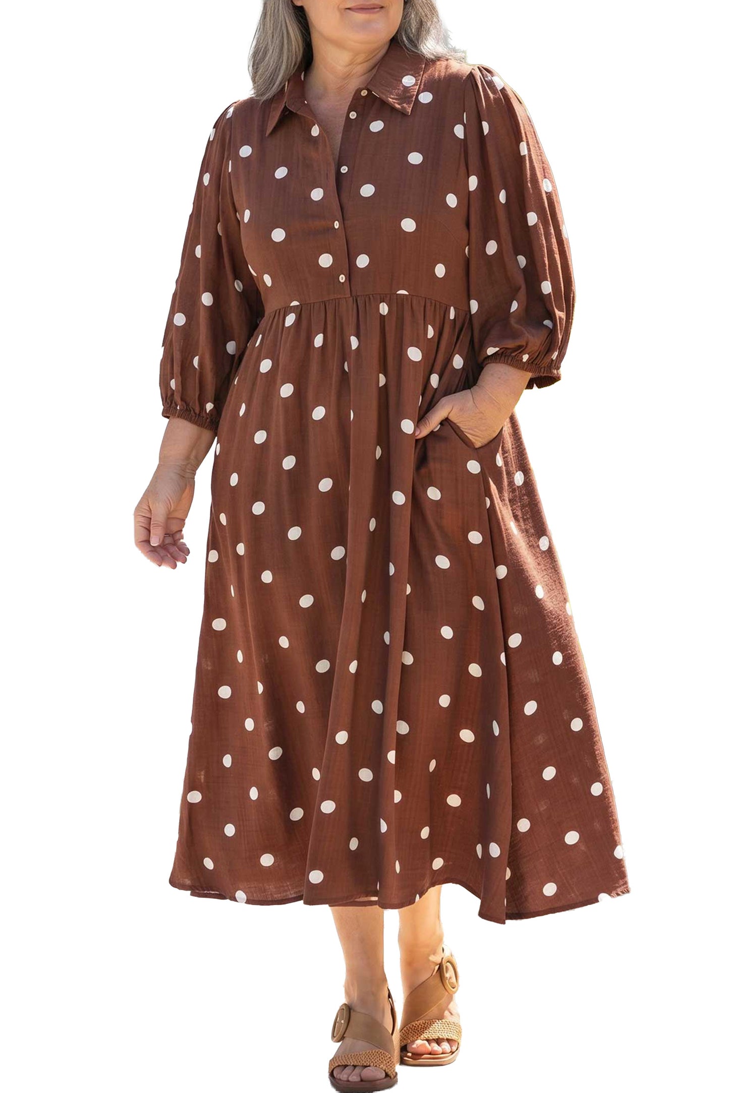 Brown Polka Dot V Neck Abdomen Pocket Gathered Cuffs Long Sleeve Shift Plus Size Dress-TOPS / DRESSES-[Adult]-[Female]-2022 Online Blue Zone Planet
