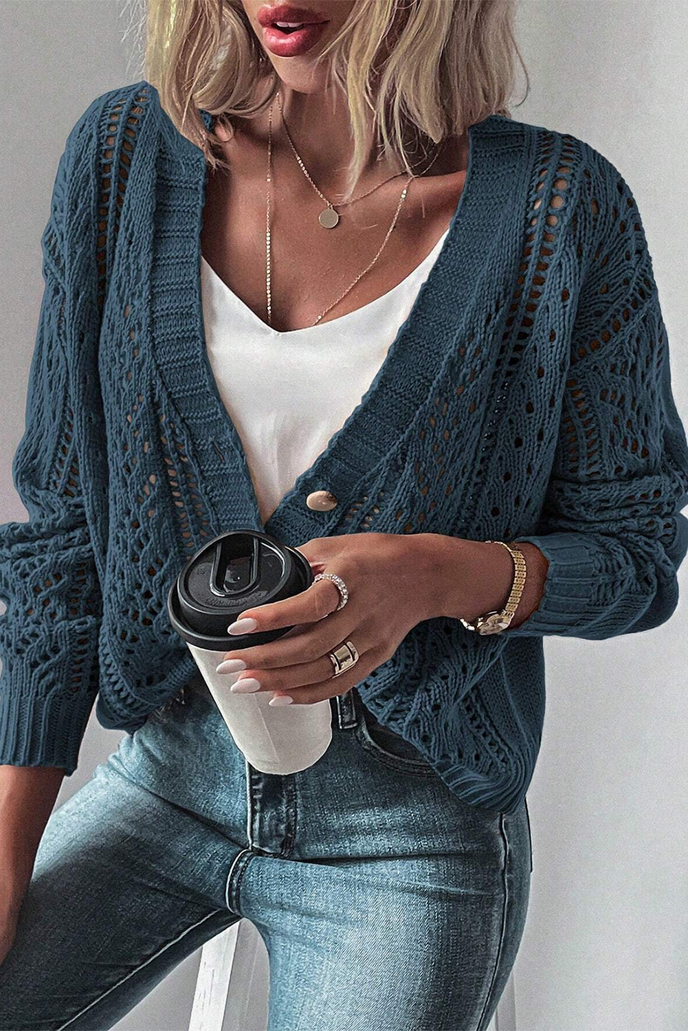 Blue Zone Planet | Green Hollow Knit Drop Shoulder Cardigan-Cardigans-[Adult]-[Female]-2022 Online Blue Zone Planet