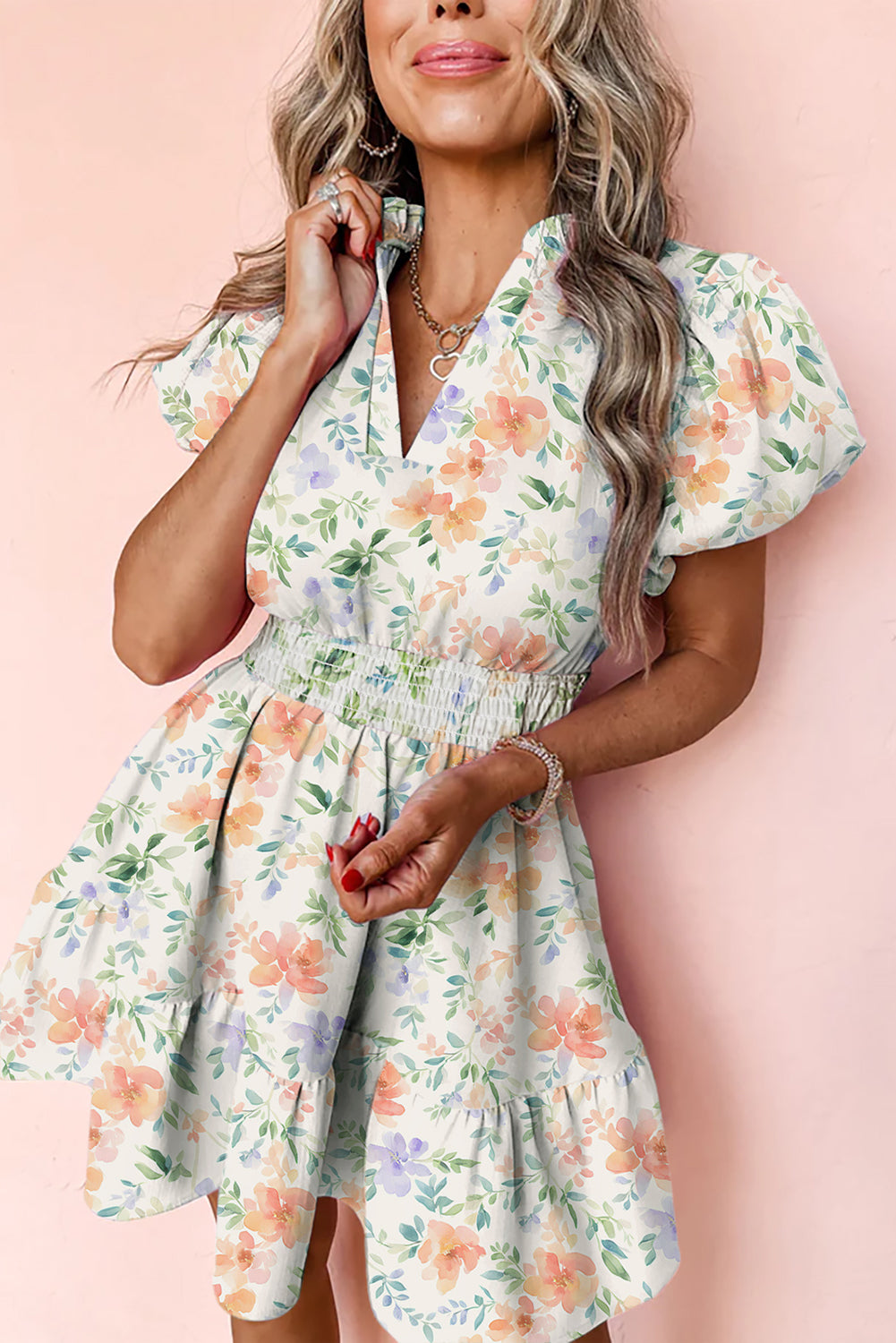 Beige Floral Print Shirred High Waist Puff Sleeve Mini Dress Beige / L / 100%Cotton