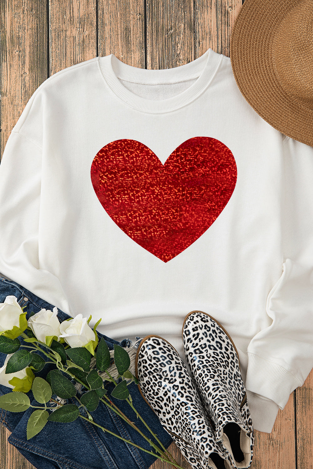 Beige Glitter Valentine Heart Graphic Sweatshirt-Graphic Sweatshirts-[Adult]-[Female]-2022 Online Blue Zone Planet