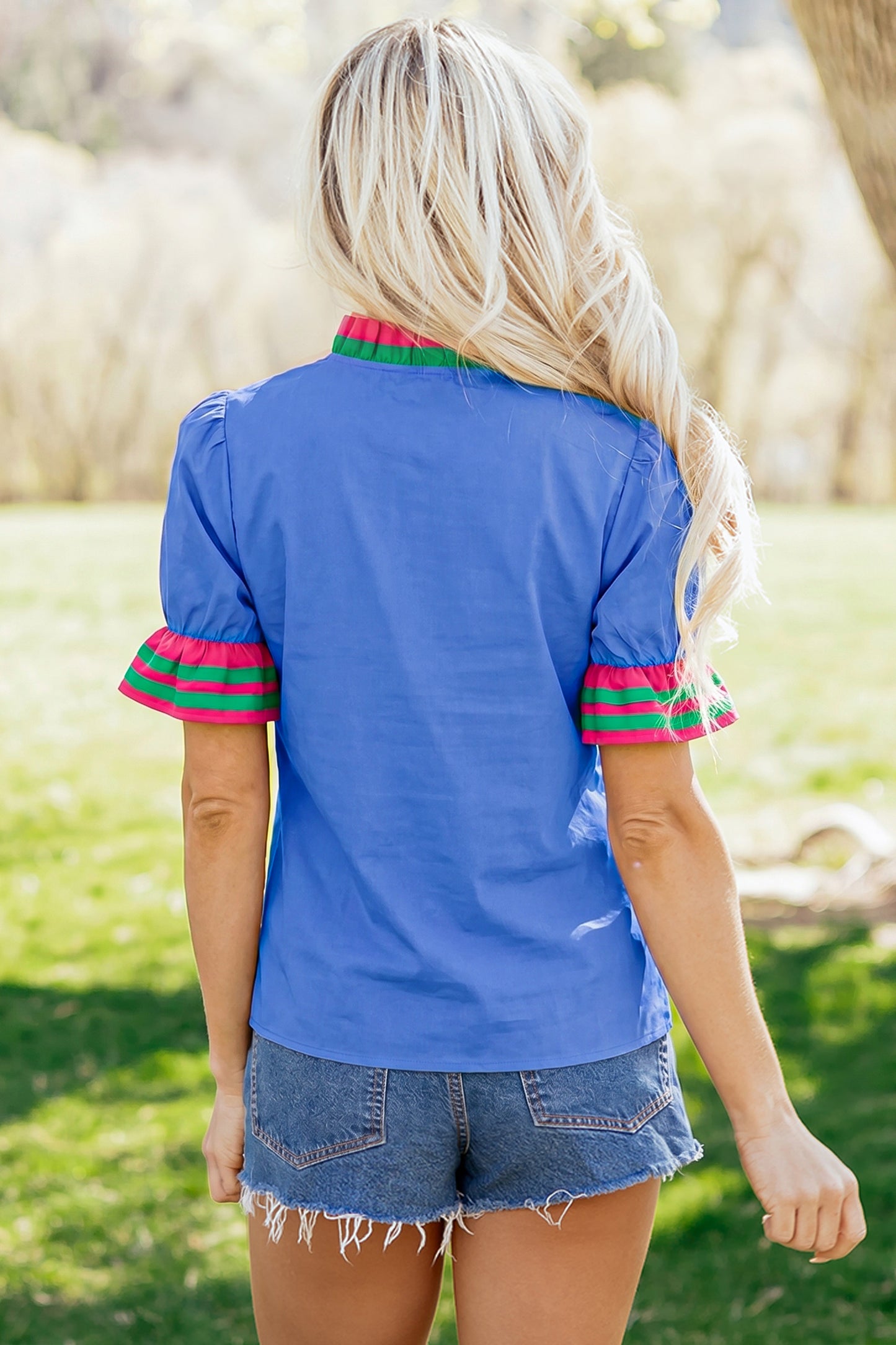 Sky Blue Striped Frilled Collar Ruffled Short Sleeve Blouse-Tops/Blouses & Shirts-[Adult]-[Female]-2022 Online Blue Zone Planet