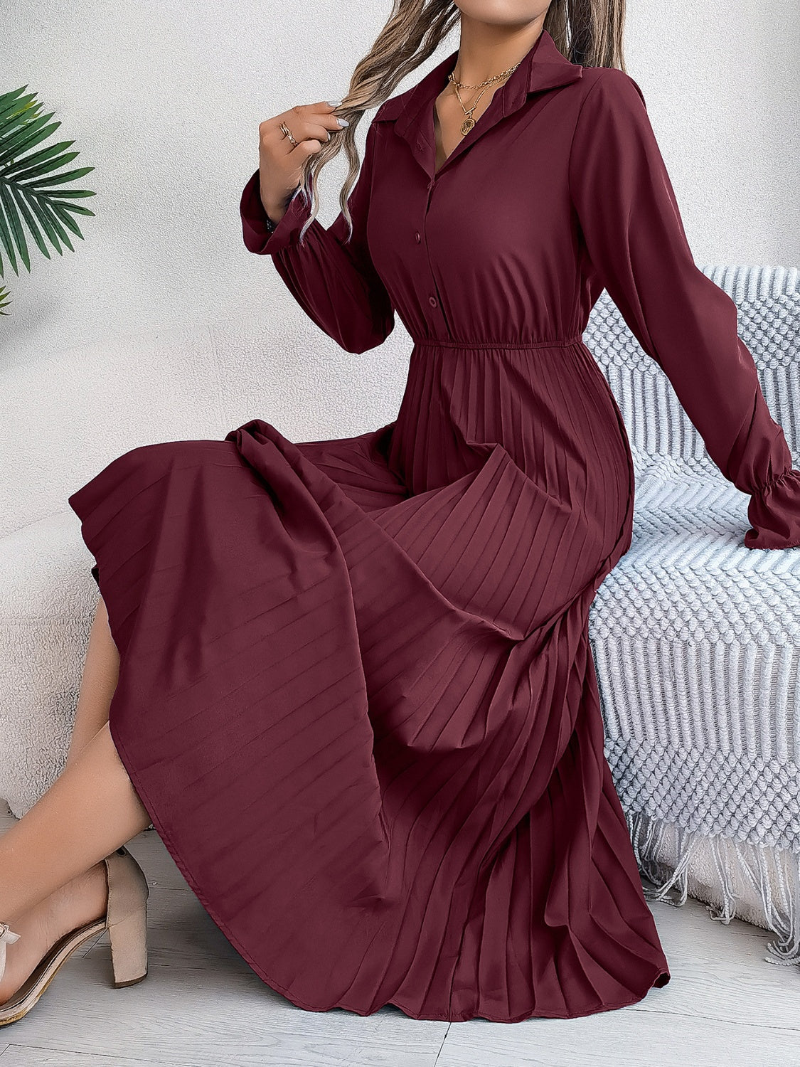 Blue Zone Planet | Pleated Half Button Long Sleeve Midi Dress-TOPS / DRESSES-[Adult]-[Female]-Burgundy-S-2022 Online Blue Zone Planet