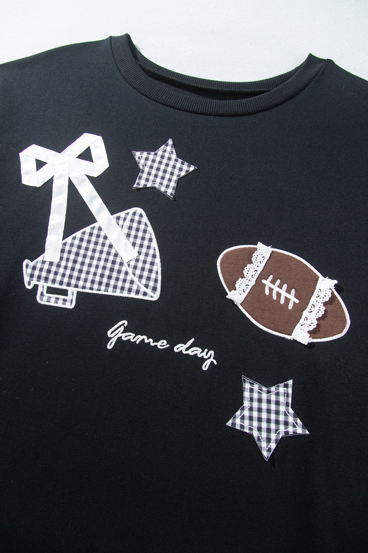 Black Rugby Game Day Patchwork Graphic Plus Size Sweatshirt-Plus Size/Plus Size Sweatshirts & Hoodies-[Adult]-[Female]-2022 Online Blue Zone Planet
