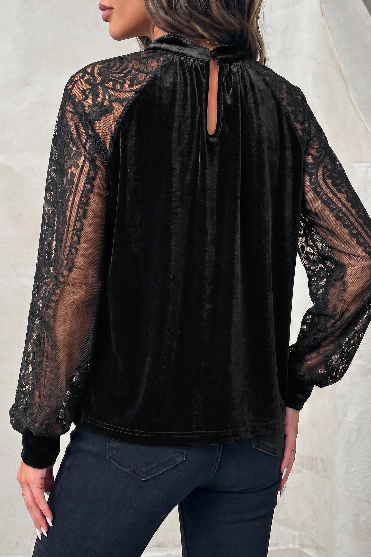 Color Black Solid Color Sheer Lace Long Sleeve Patchwork Stand Neck Velvet Blouse-Tops/Blouses & Shirts-[Adult]-[Female]-2022 Online Blue Zone Planet