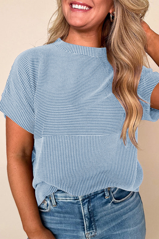 Myosotis Plain Corded Knit Mock Neck T Shirt-Tops/Tops & Tees-[Adult]-[Female]-Myosotis-S-2022 Online Blue Zone Planet