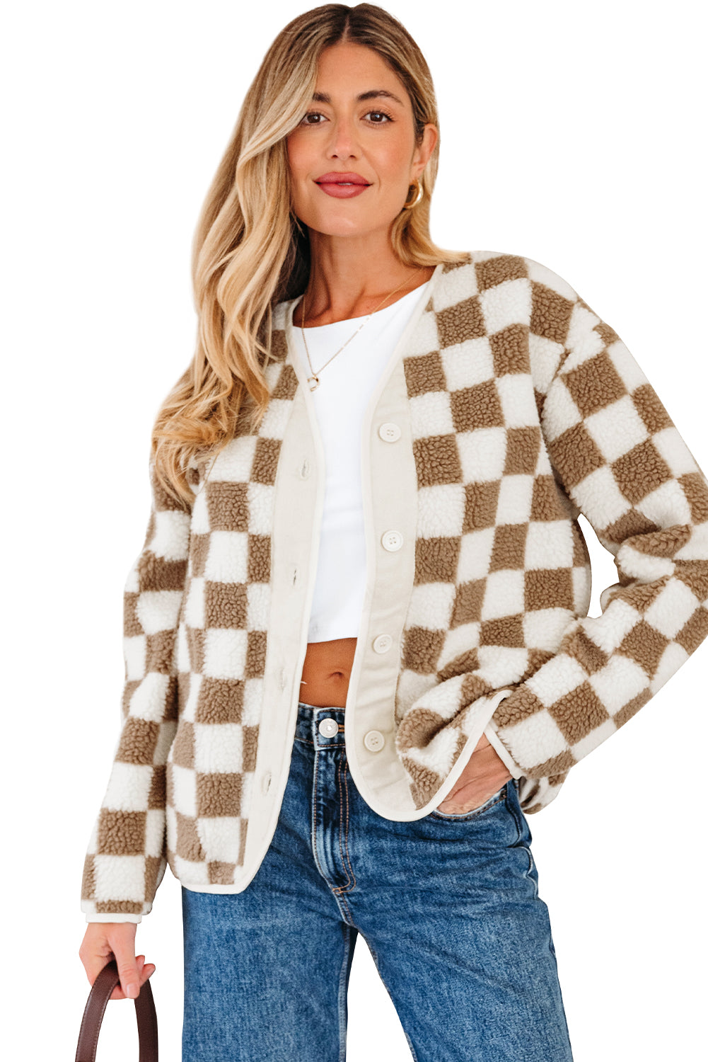 Brown Checkered Sherpa Buttoned Front Chunky Jacket-Outerwear/Jackets-[Adult]-[Female]-2022 Online Blue Zone Planet