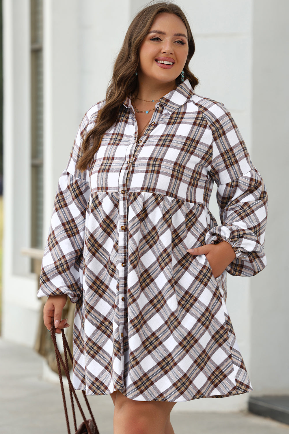 Blue Zone Planet | White Plaid Bubble Sleeve Flowy Shirt Dress-TOPS / DRESSES-[Adult]-[Female]-2022 Online Blue Zone Planet