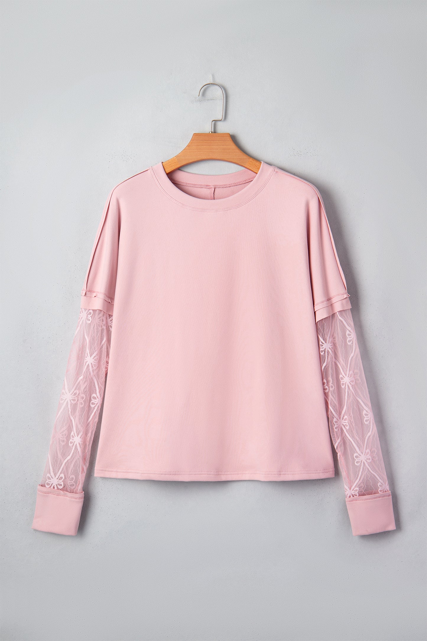 Light Pink Solid Color Bow Textured Patchwork Long Sleeve Tee-Tops/Long Sleeve Tops-[Adult]-[Female]-2022 Online Blue Zone Planet