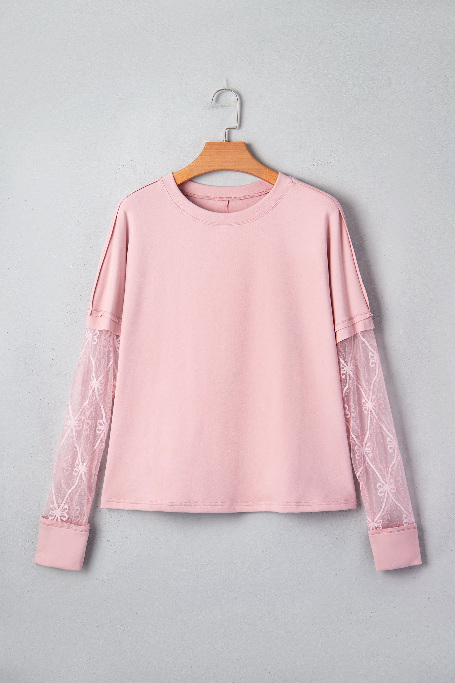 Light Pink Solid Color Bow Textured Patchwork Long Sleeve Tee-Tops/Long Sleeve Tops-[Adult]-[Female]-2022 Online Blue Zone Planet