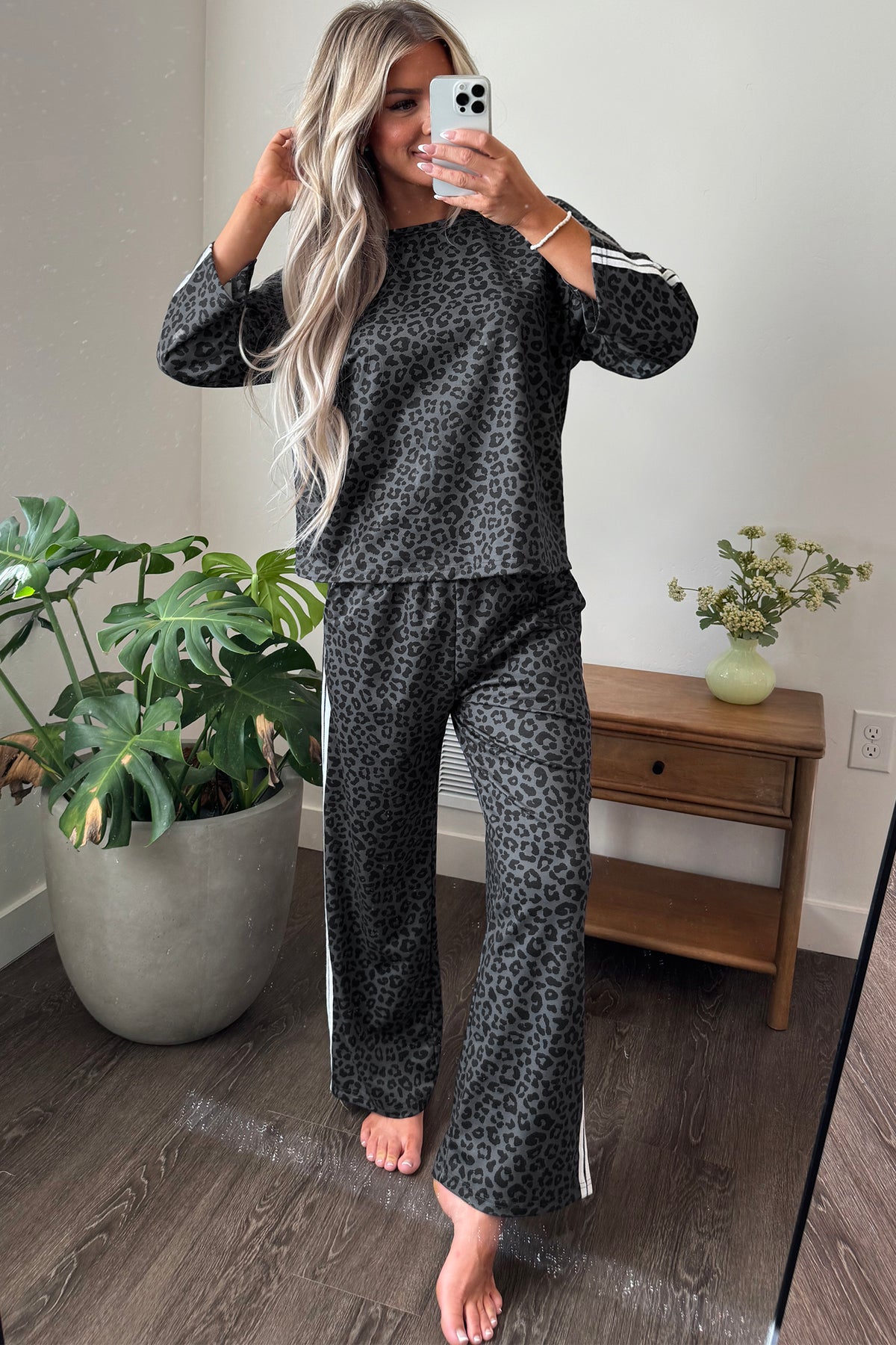 Pink Leopard Print Varsity Striped Detail 3/4 Sleeve Top Shift Pant Set-Two Piece Sets/Pant Sets-[Adult]-[Female]-2022 Online Blue Zone Planet