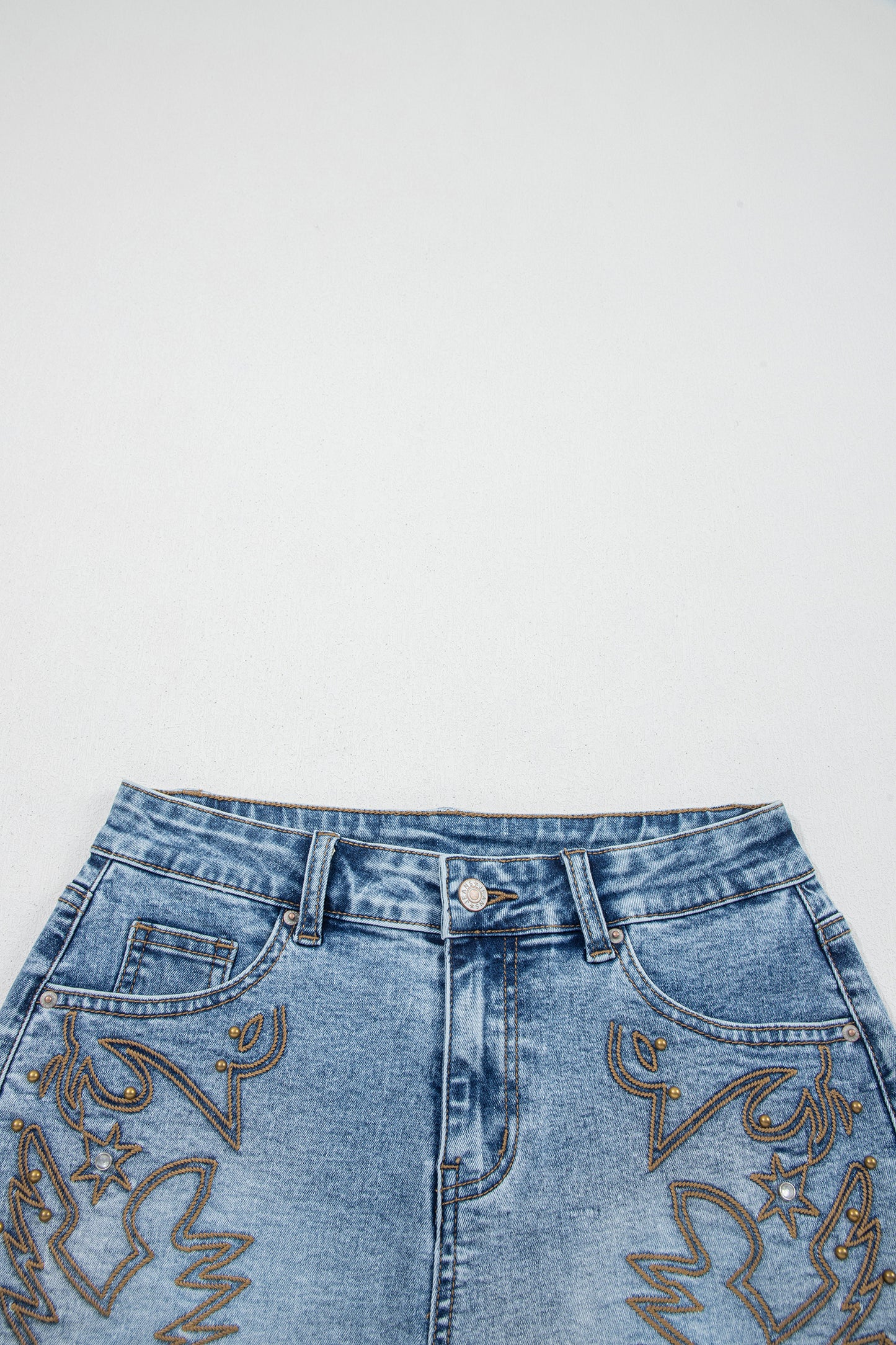 Dusk Blue Western Embroidery Stud Denim Shorts Summer Daily Wear-Bottoms/Denim Shorts-[Adult]-[Female]-2022 Online Blue Zone Planet