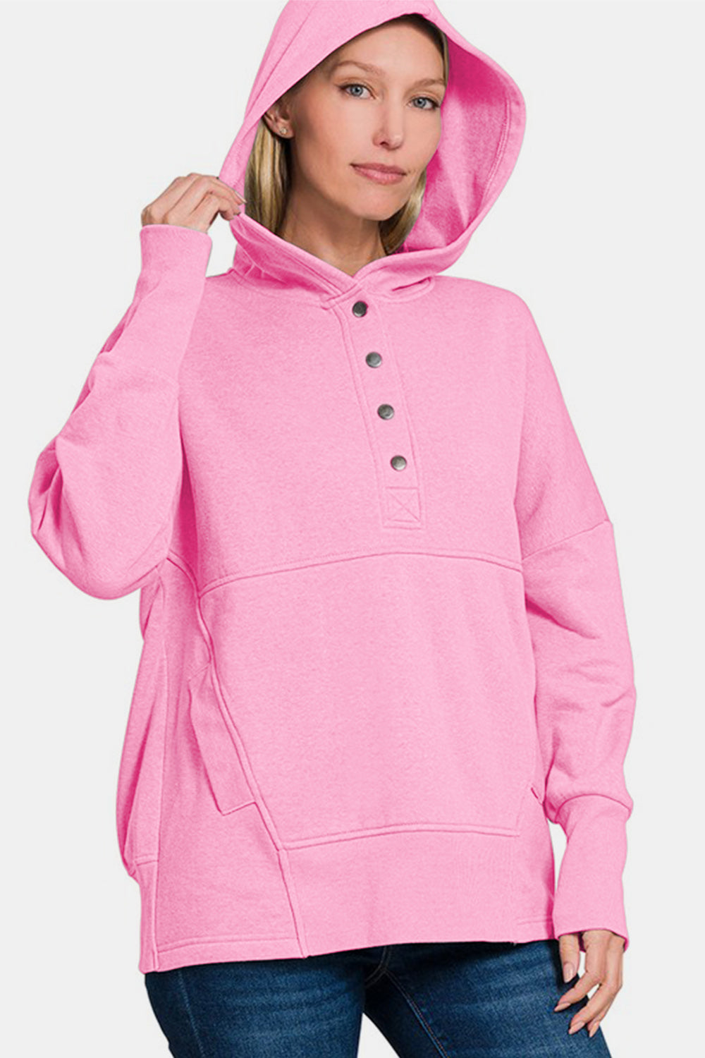 Blue Zone Planet | Zenana Half Snap Long Sleeve Hoodie with Kangaroo Pocket-Tops / Dresses-[Adult]-[Female]-2022 Online Blue Zone Planet