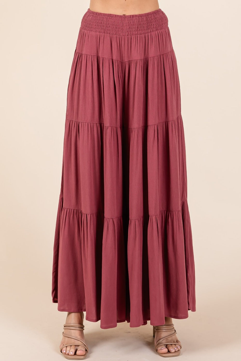 Mittoshop Tier Detail Smocked Elastic Waist Wide Leg Pants-[Adult]-[Female]-2022 Online Blue Zone Planet