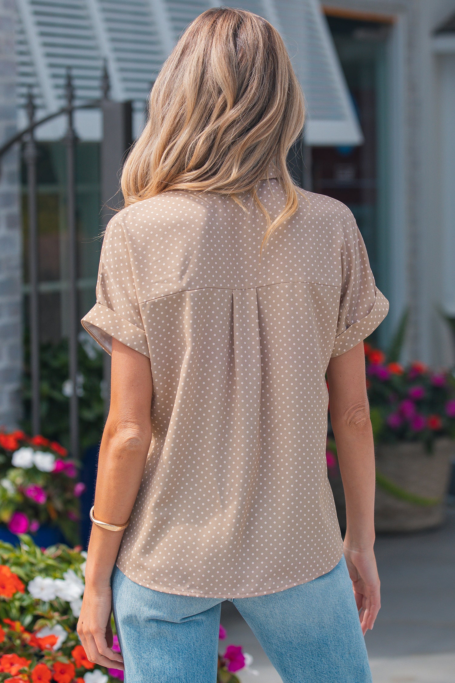 Khaki Dotted Print Cuffed Short Sleeve Shirt-Tops/Blouses & Shirts-[Adult]-[Female]-2022 Online Blue Zone Planet