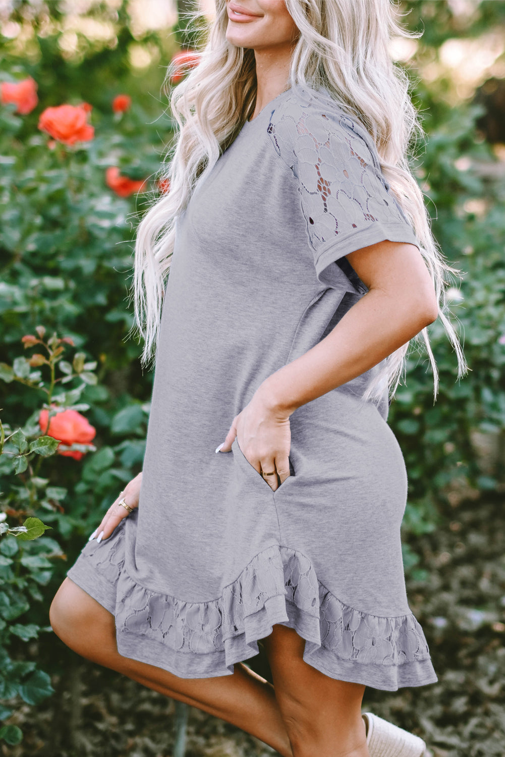 Light Grey Lace Floral Patchwork Ruffled T-shirt Dress Blue Zone Planet