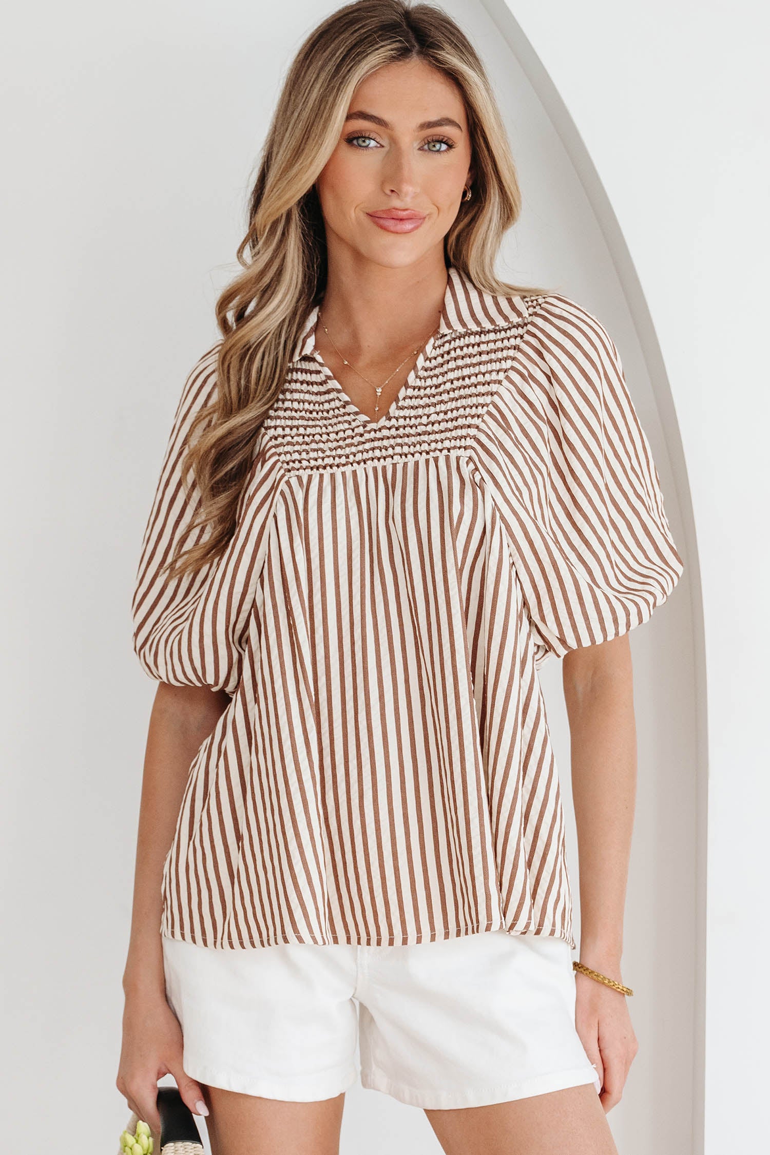 Brown Stripe Shirred V Neck Short Puff Sleeve Blouse-Tops/Blouses & Shirts-[Adult]-[Female]-2022 Online Blue Zone Planet