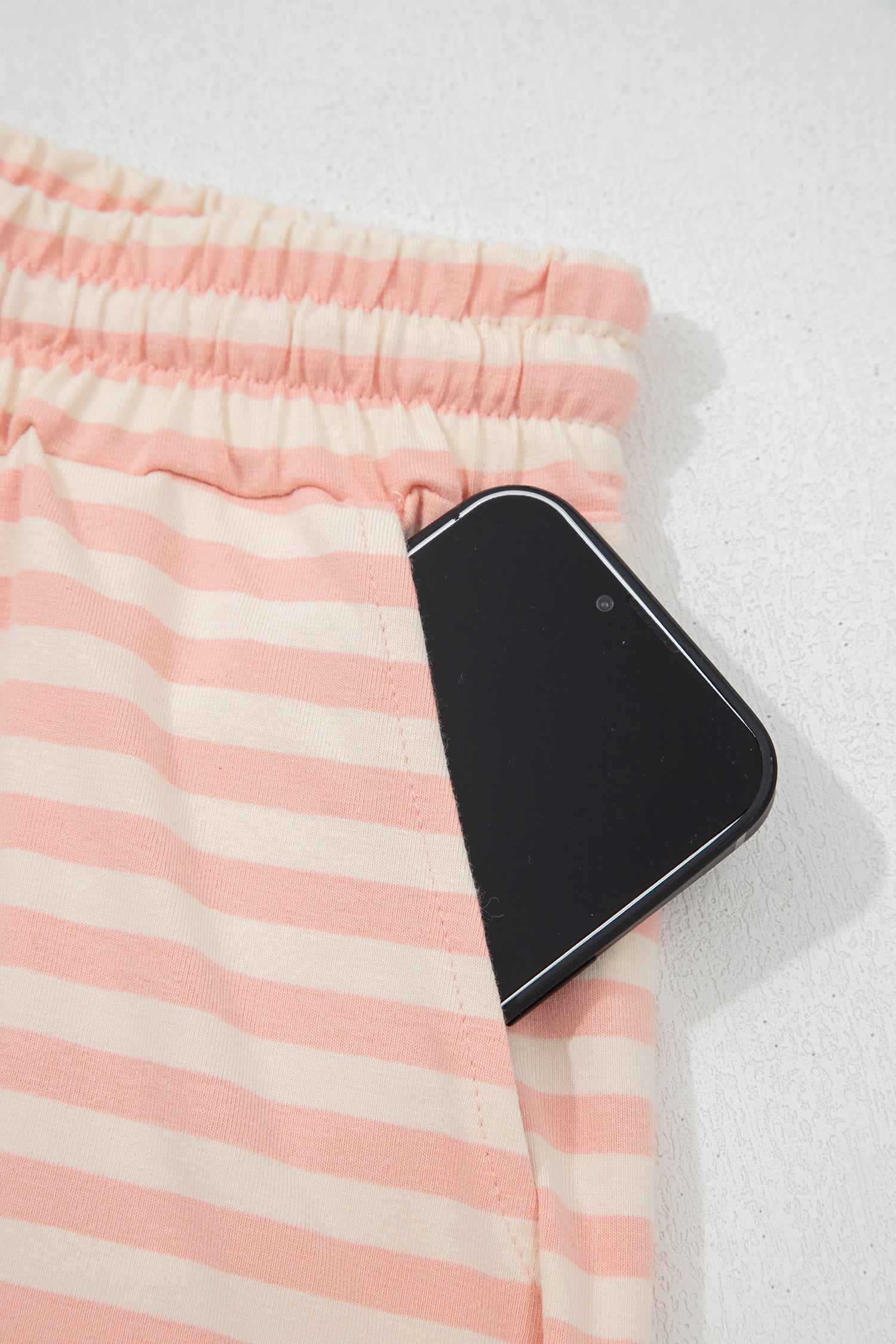 Pink Stripe Contrast Neck Loose Tee and Drawstring Shorts Set-Two Piece Sets/Short Sets-[Adult]-[Female]-2022 Online Blue Zone Planet