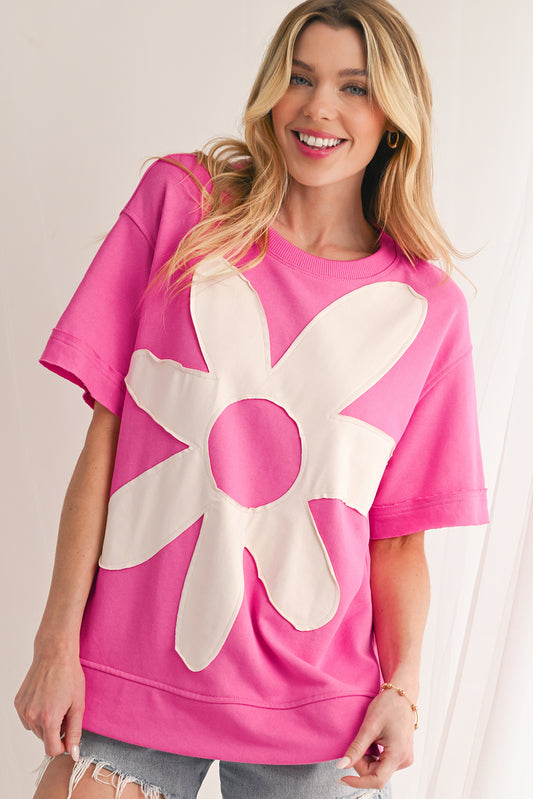 Sachet Pink 60s Flower Applique Slits T-Shirt-T Shirts-[Adult]-[Female]-Sachet Pink-S-2022 Online Blue Zone Planet