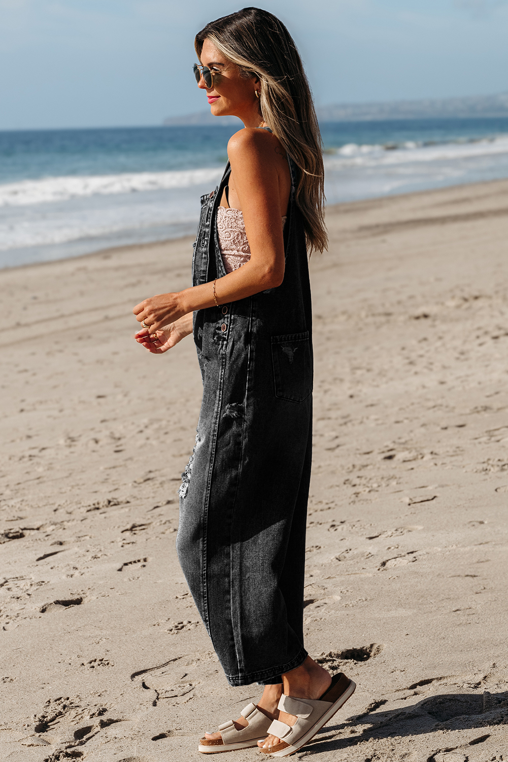 Blue Zone Planet | Stone Blue Distressed Bib Pocket Wide Leg Denim Overall-Bottoms/Jumpsuits & Rompers-[Adult]-[Female]-2022 Online Blue Zone Planet