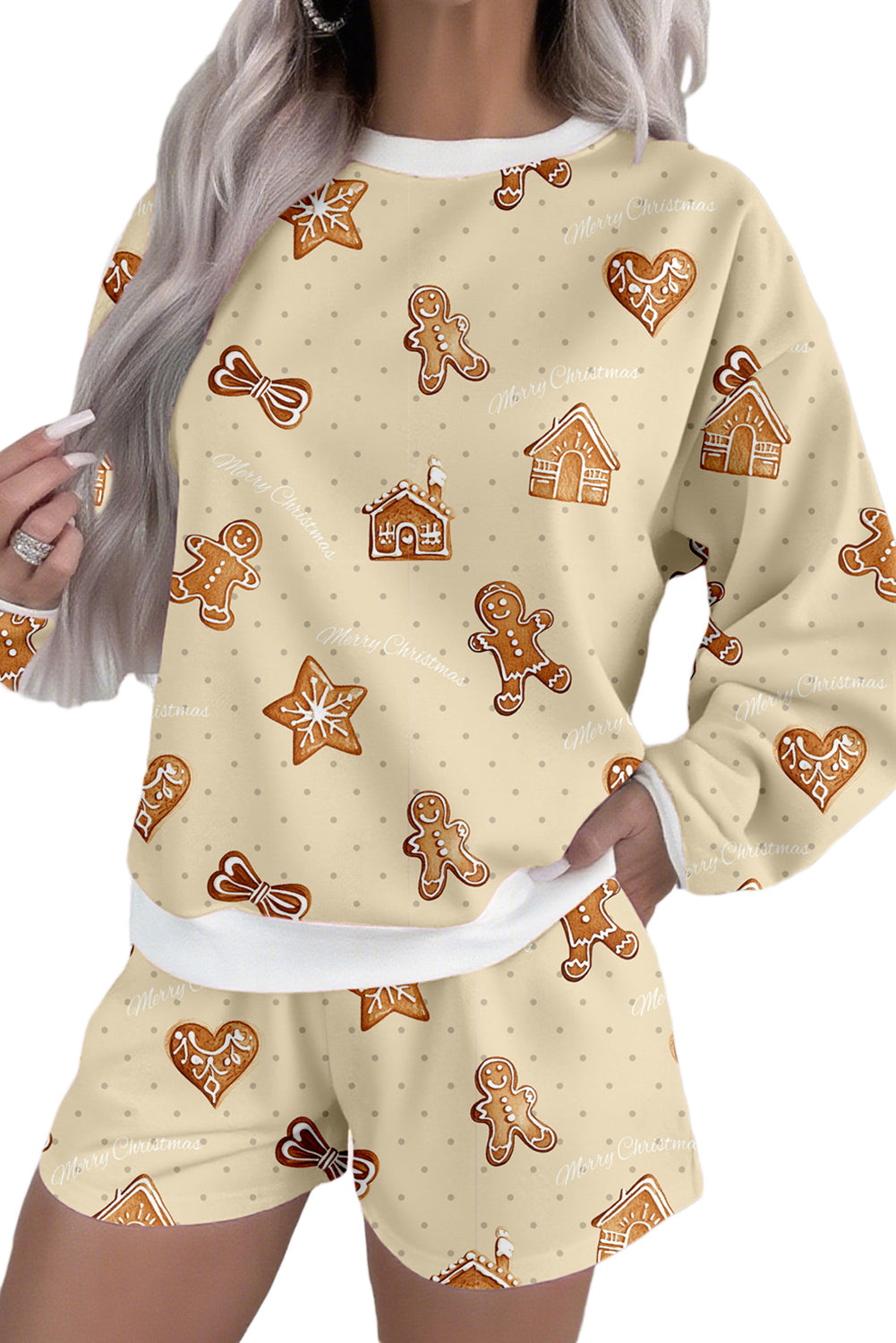 Beige Christmas Gingerbread Print Long Sleeve Pullover Shorts Holiday Pajama Set-Loungewear Set-[Adult]-[Female]-2022 Online Blue Zone Planet