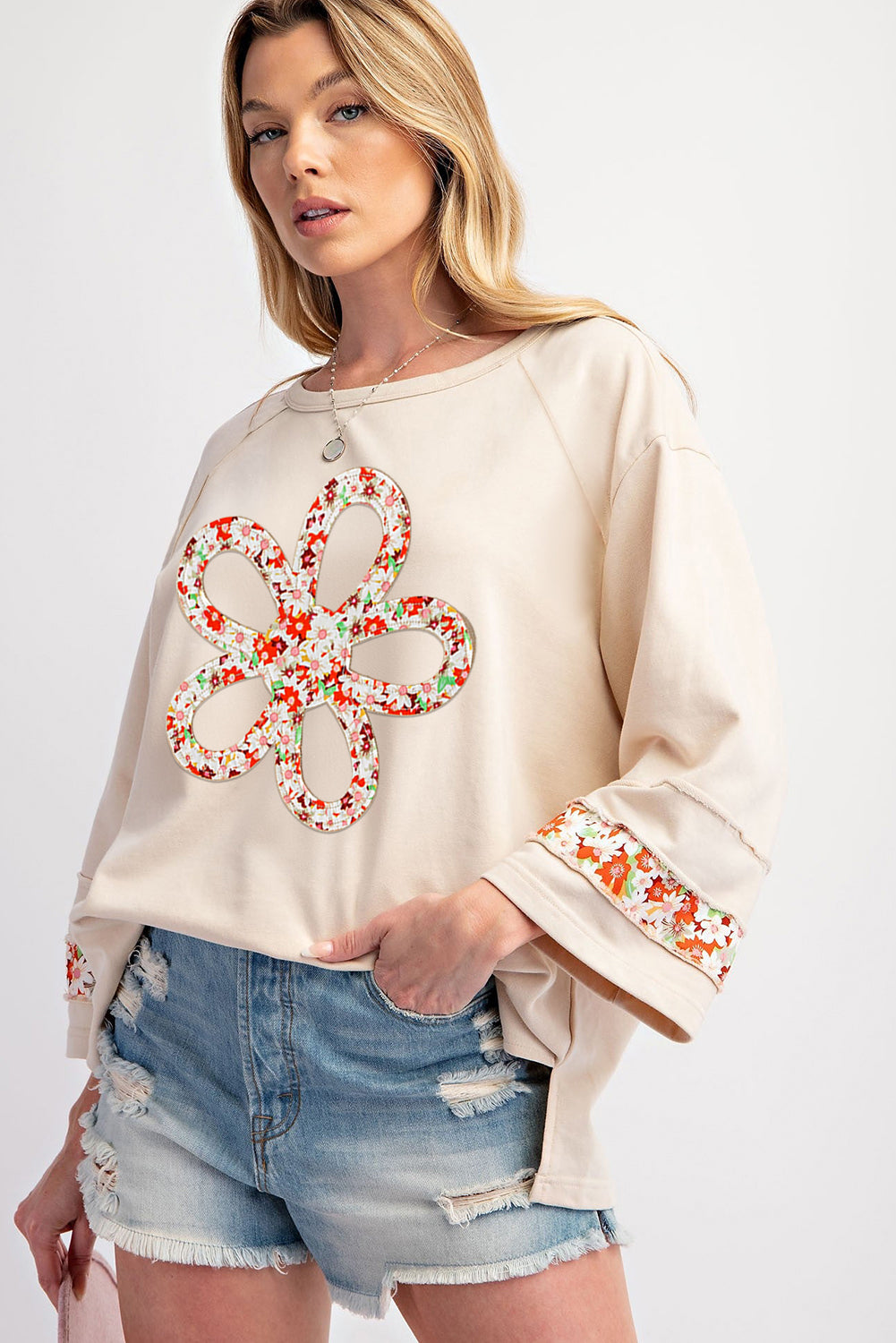 Beige Flower Patch Graphic Exposed Seam Wide Sleeve Top-Graphic/Graphic Long Sleeve Tees-[Adult]-[Female]-2022 Online Blue Zone Planet