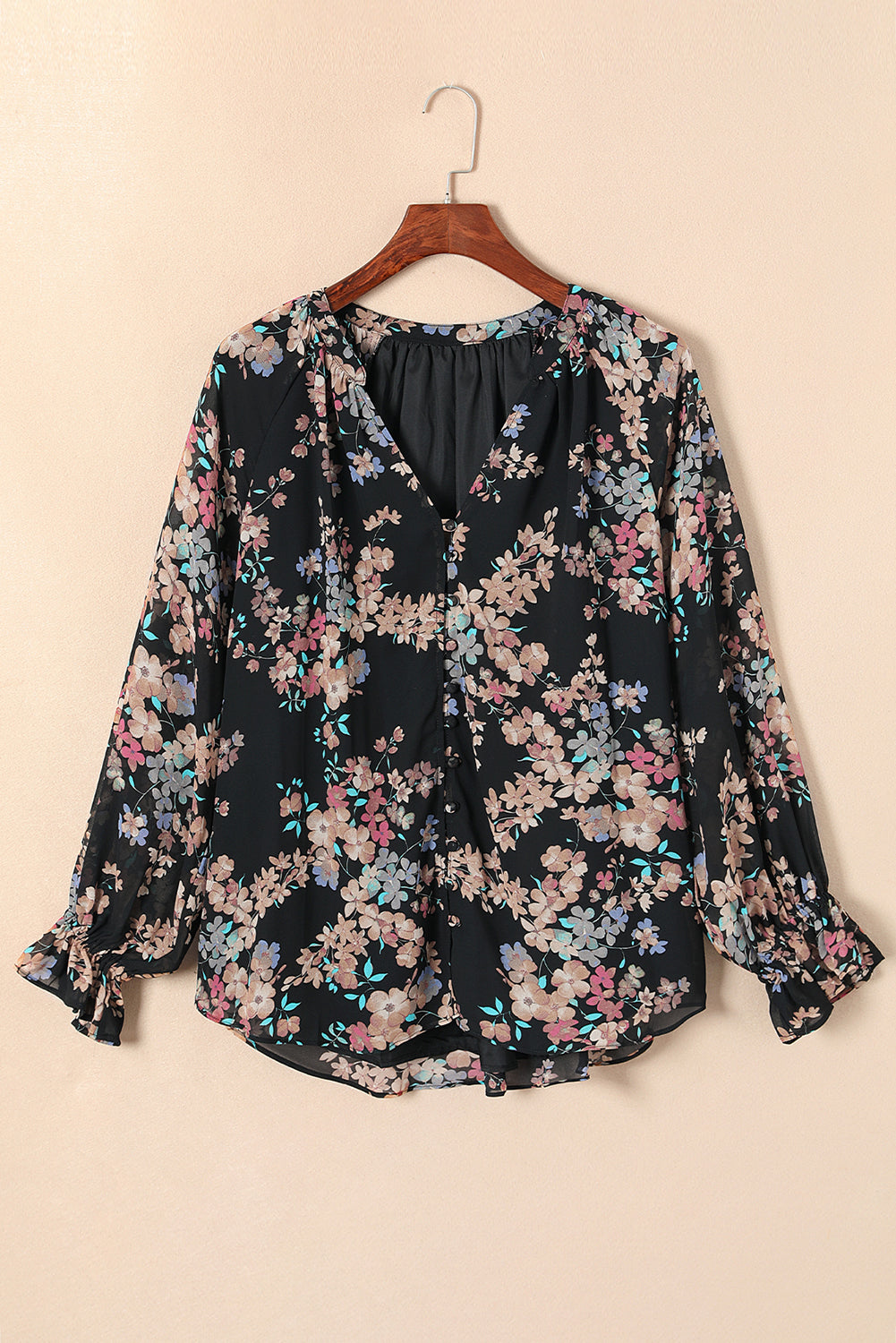 Black Wildflower Print Chiffon Blouse-Tops/Blouses & Shirts-[Adult]-[Female]-2022 Online Blue Zone Planet