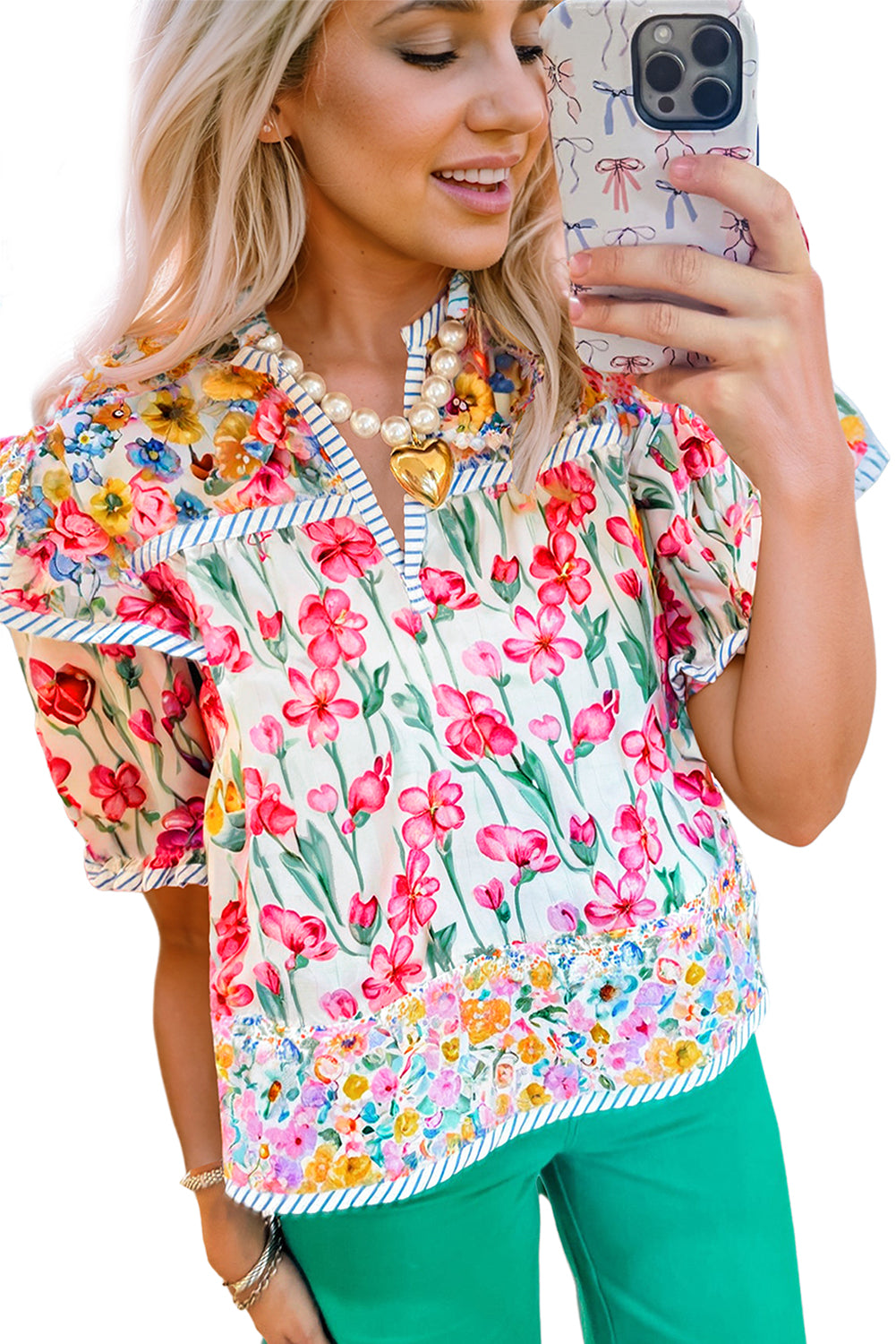 Pink Floral Print Striped Detail Split Neck Short Sleeve Blouse-Tops/Blouses & Shirts-[Adult]-[Female]-2022 Online Blue Zone Planet