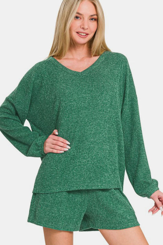 Blue Zone Planet | Zenana V-Neck Long Sleeve Ribbed Top and Shorts Set-TOPS / DRESSES-[Adult]-[Female]-Dark Green-S-2022 Online Blue Zone Planet