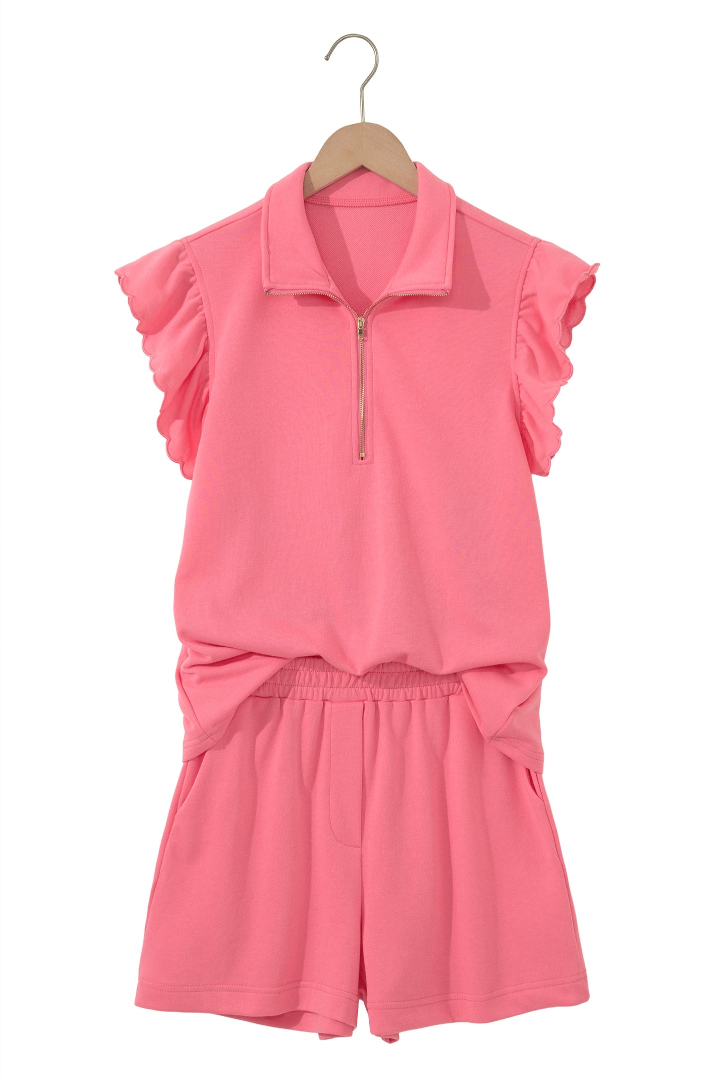 Sky Blue Half Zipped Ruffled Short Set-Two Piece Sets/Short Sets-[Adult]-[Female]-2022 Online Blue Zone Planet