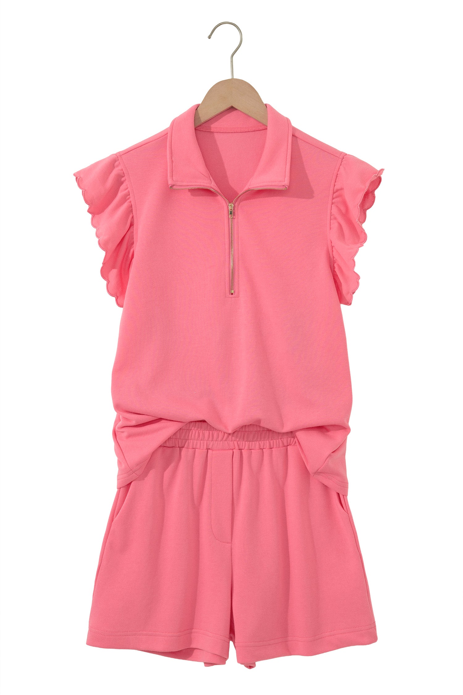 Sky Blue Half Zipped Ruffled Short Set-Two Piece Sets/Short Sets-[Adult]-[Female]-2022 Online Blue Zone Planet