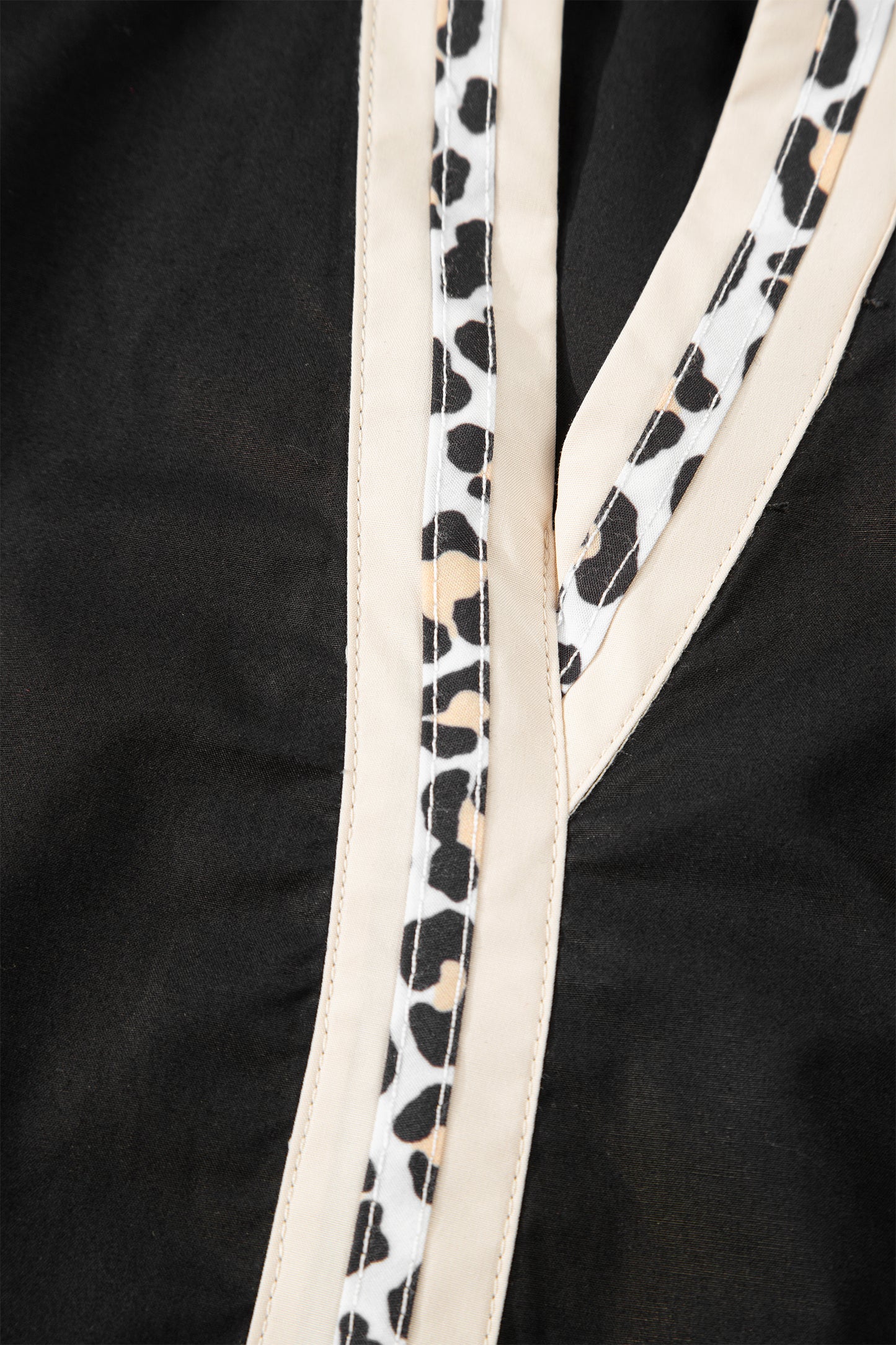 Black Puffy Flounce Sleeve Leopard Trim V Neck Blouse-Tops/Blouses & Shirts-[Adult]-[Female]-2022 Online Blue Zone Planet