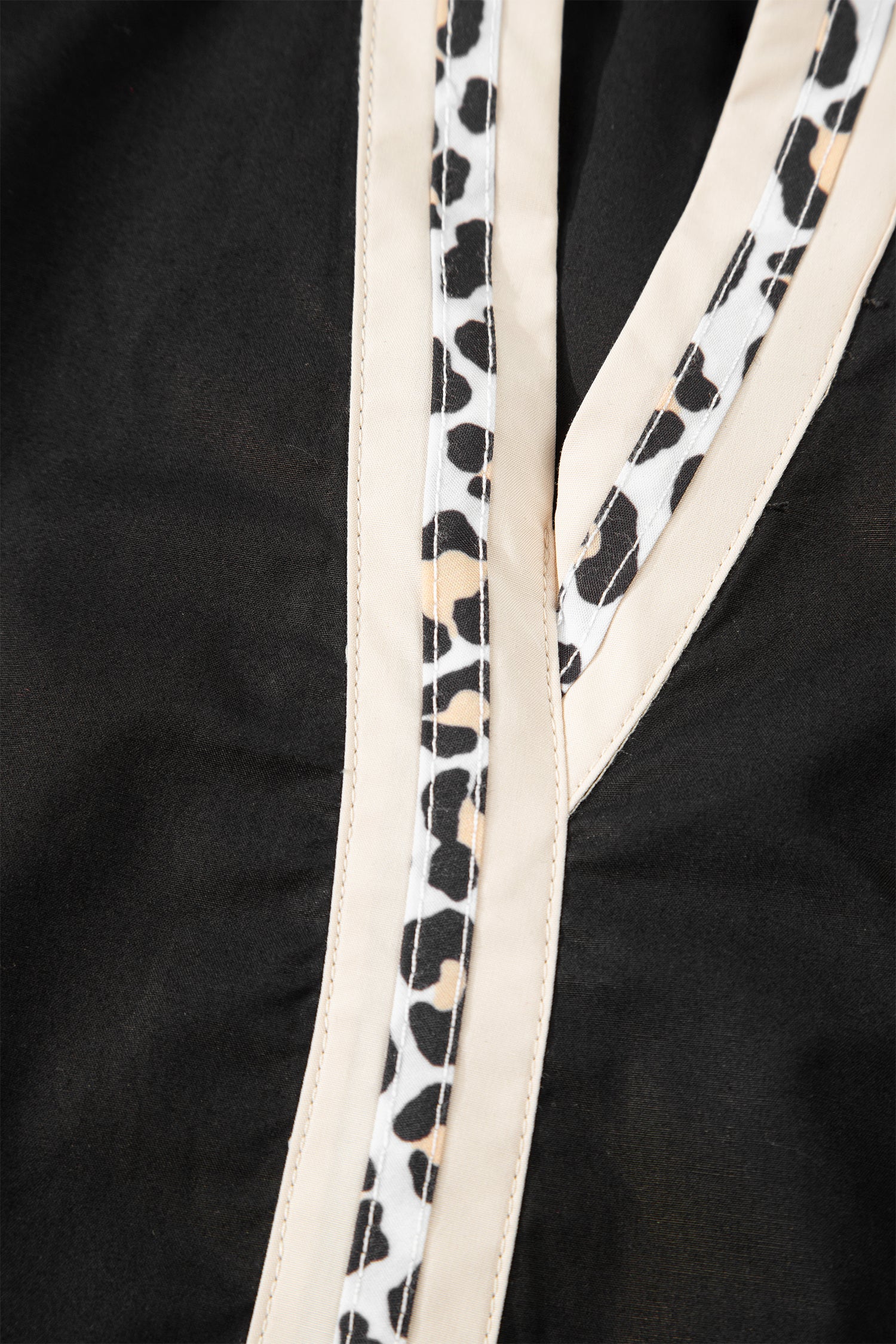 Black Puffy Flounce Sleeve Leopard Trim V Neck Blouse-Tops/Blouses & Shirts-[Adult]-[Female]-2022 Online Blue Zone Planet