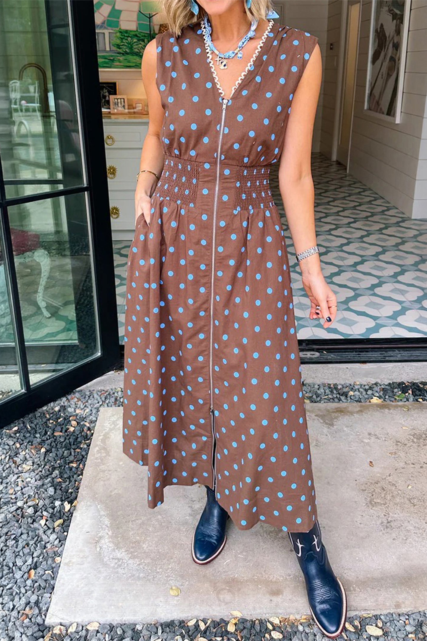 Black Polka Dot Print Contrast Trim V Neck Zip Up Sleeveless Dress-TOPS / DRESSES-[Adult]-[Female]-Brown-S-2022 Online Blue Zone Planet