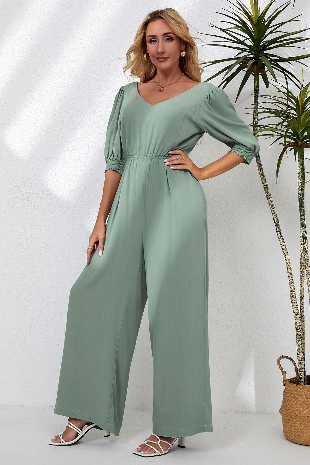 V-Neck Half Sleeve Jumpsuit-TOPS / DRESSES-[Adult]-[Female]-2022 Online Blue Zone Planet