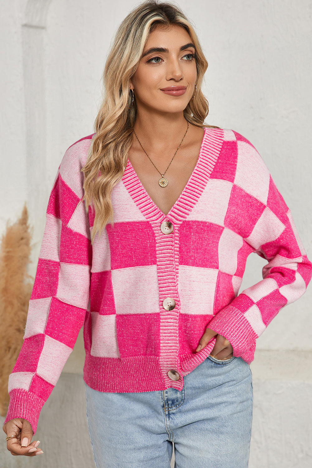 Blue Zone Planet | Orange Checkered Buttoned V Neck Drop Shoulder Cardigan-Cardigans-[Adult]-[Female]-Pink-S-2022 Online Blue Zone Planet