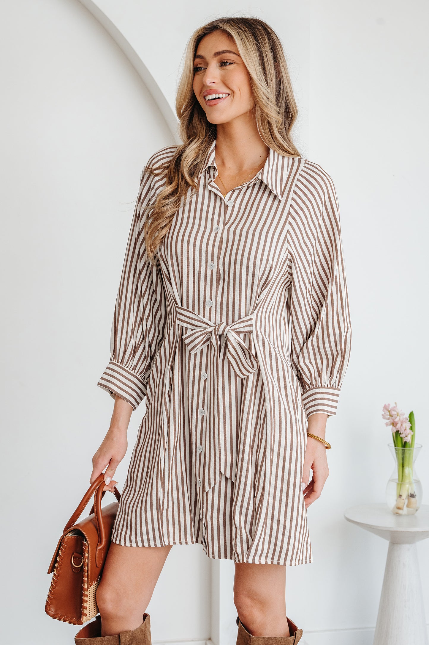 Brown Stripe Knot Waist Puff Sleeve Button Down Mini Shirt Dress-TOPS / DRESSES-[Adult]-[Female]-2022 Online Blue Zone Planet