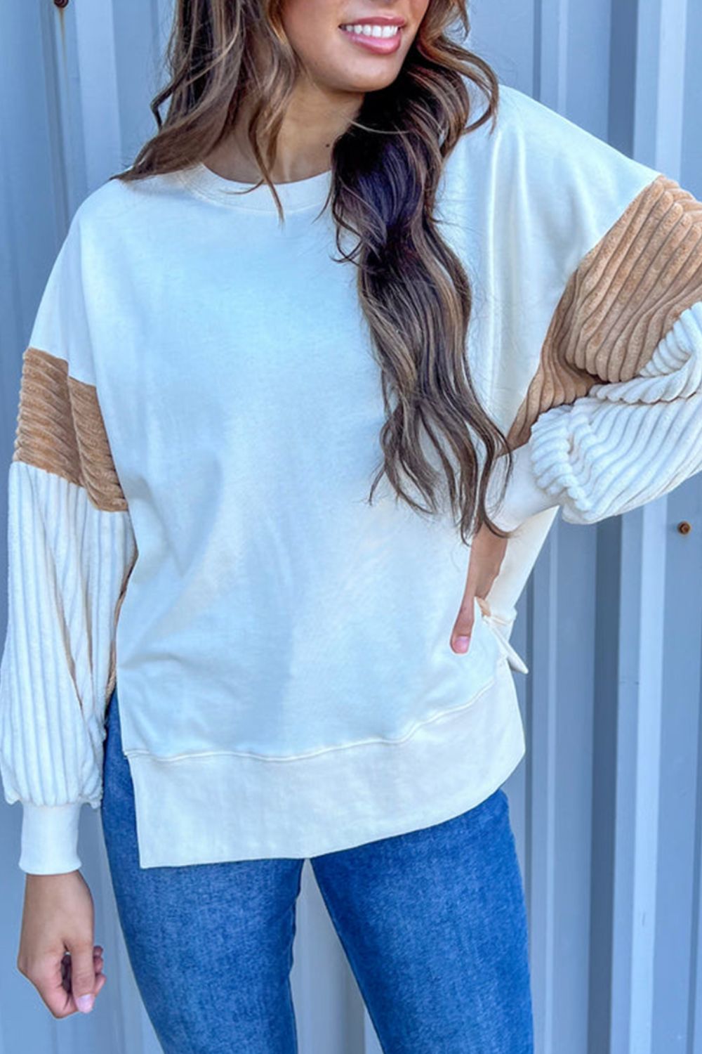 Blue Zone Planet | Slit Color Block Long Sleeve Sweatshirt-TOPS / DRESSES-[Adult]-[Female]-2022 Online Blue Zone Planet