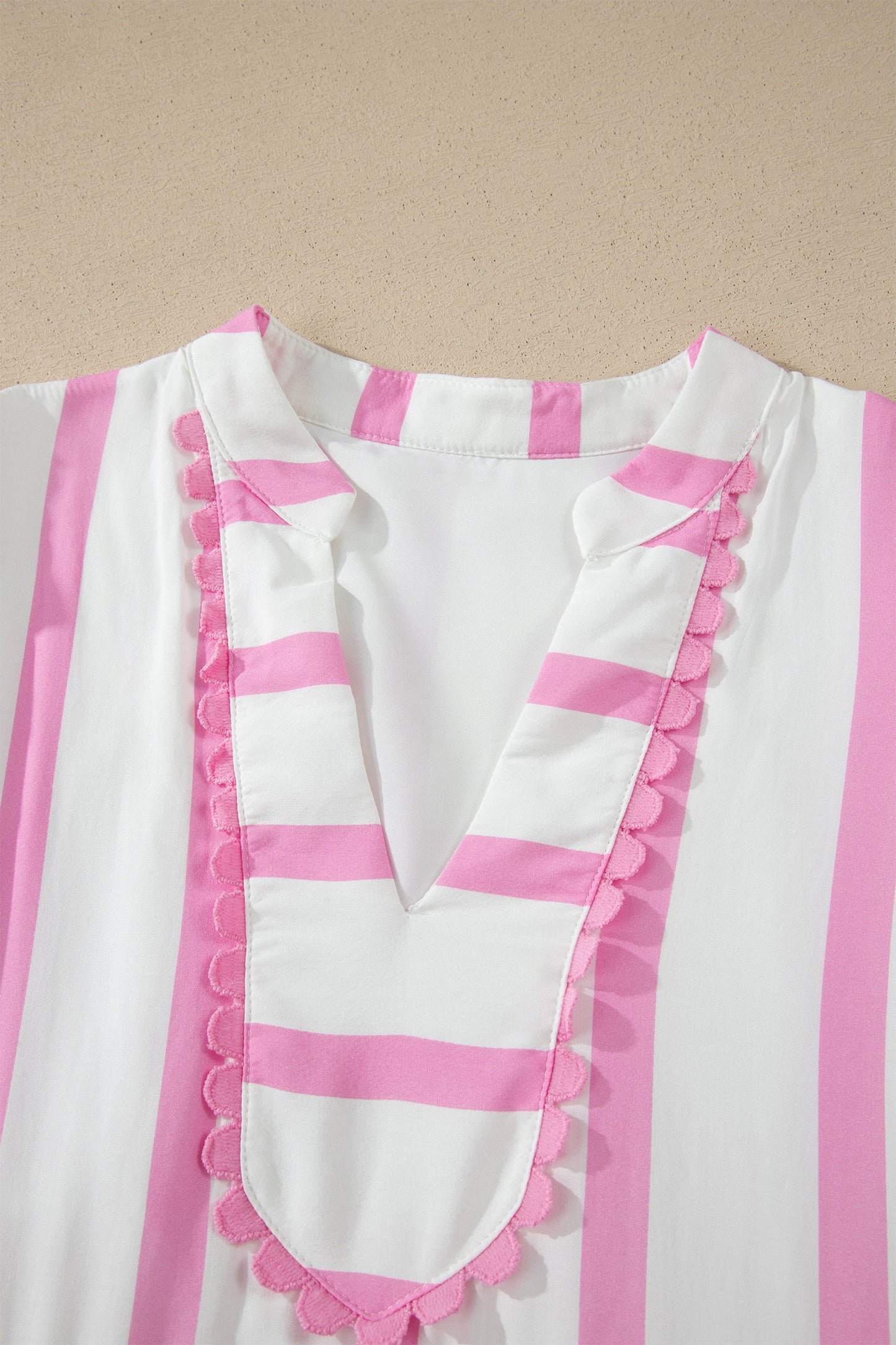 Pink Stripe Ricrac Trim Notched Neck Half Sleeve Vacation Dress-TOPS / DRESSES-[Adult]-[Female]-2022 Online Blue Zone Planet