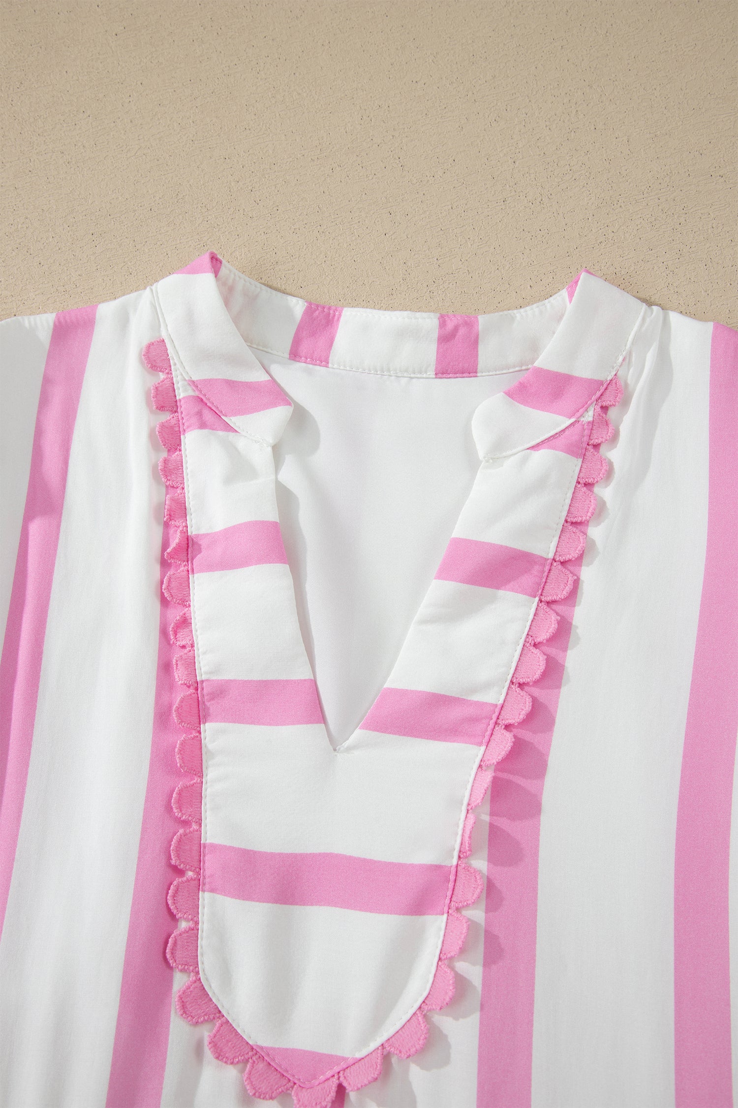 Pink Stripe Ricrac Trim Notched Neck Half Sleeve Vacation Dress-TOPS / DRESSES-[Adult]-[Female]-2022 Online Blue Zone Planet