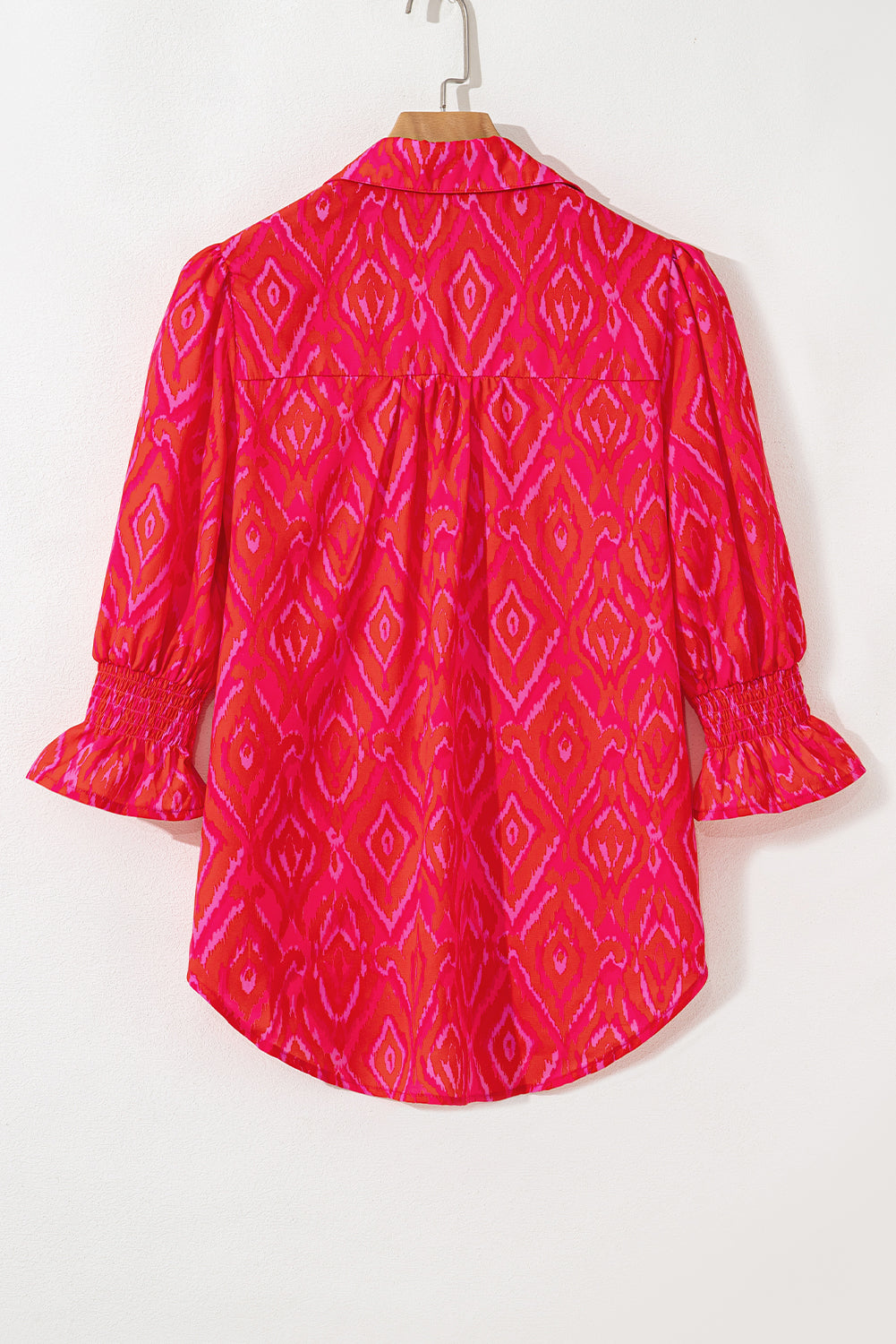 Strawberry Pink Western Aztec Geometric Ruffled 3/4 Sleeve Shirt-Tops/Blouses & Shirts-[Adult]-[Female]-2022 Online Blue Zone Planet