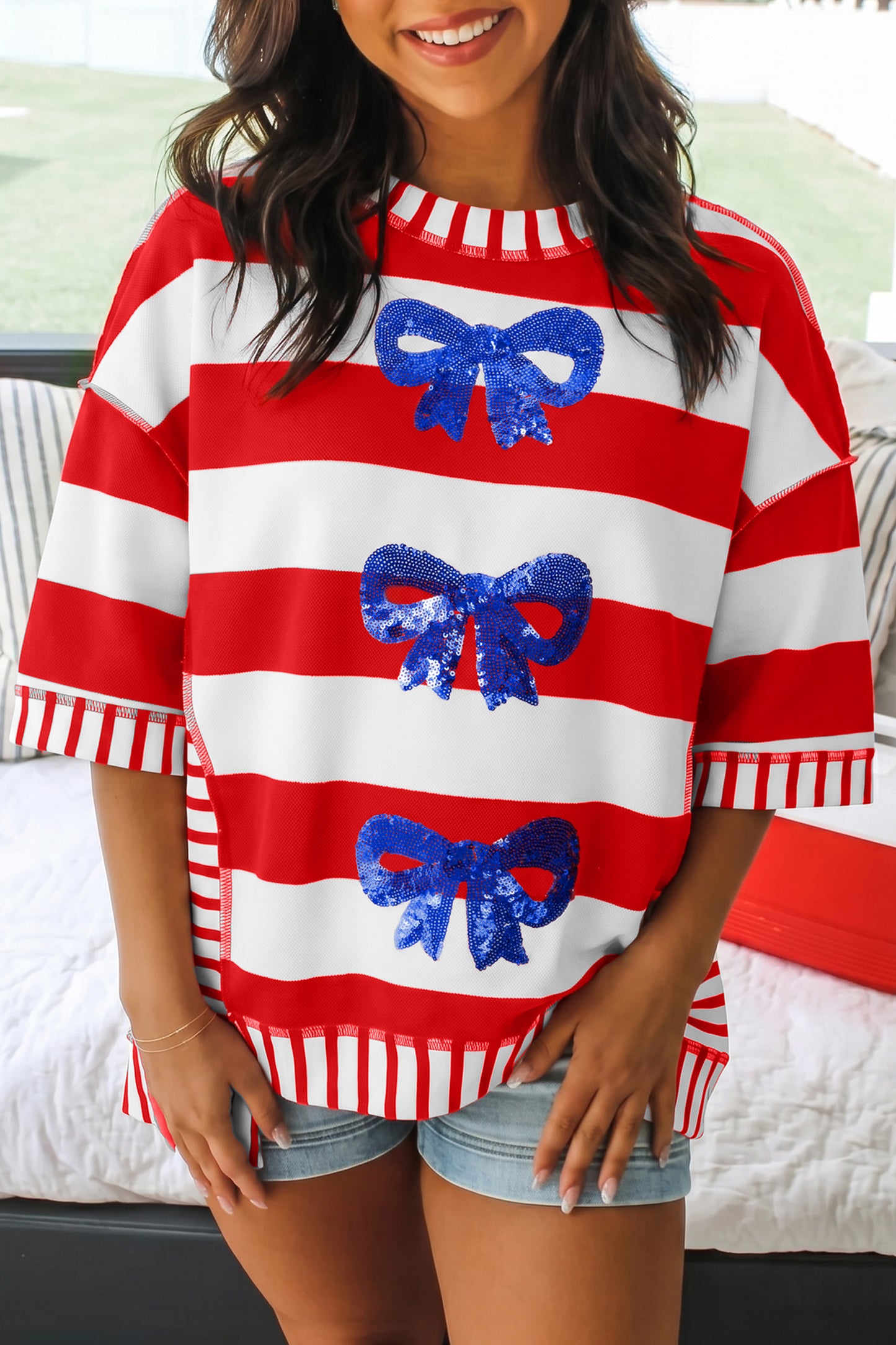 Red Stripe Sequin Bow Patriotic Half Sleeve Top-Tops/Tops & Tees-[Adult]-[Female]-Red Stripe-S-2022 Online Blue Zone Planet