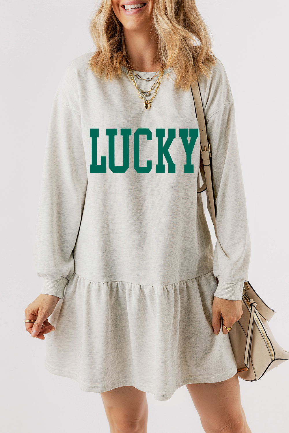 White St Patricks LUCKY Graphic Long Sleeve Ruffle Hem Mini Dress-Graphic Apparel-[Adult]-[Female]-2022 Online Blue Zone Planet