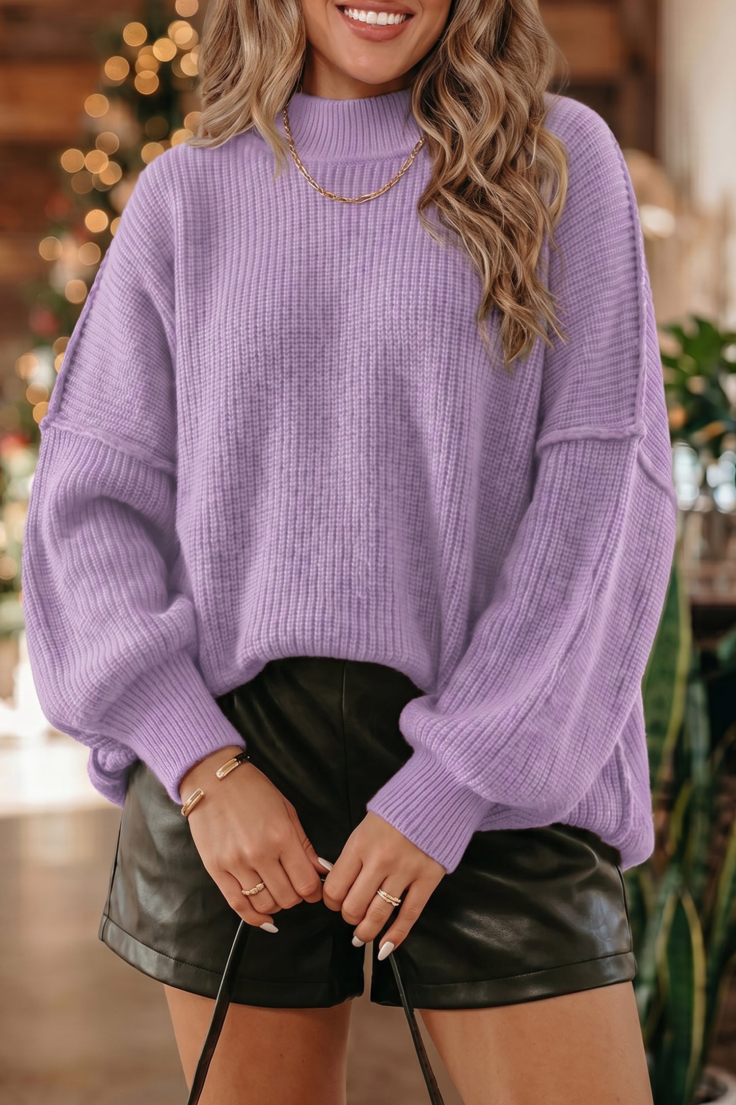 Chestnut Solid Color Mock Neck Oversized Tunic Sweater-Sweaters & Cardigans/Sweaters-[Adult]-[Female]-Orchid Bouquet-S-2022 Online Blue Zone Planet