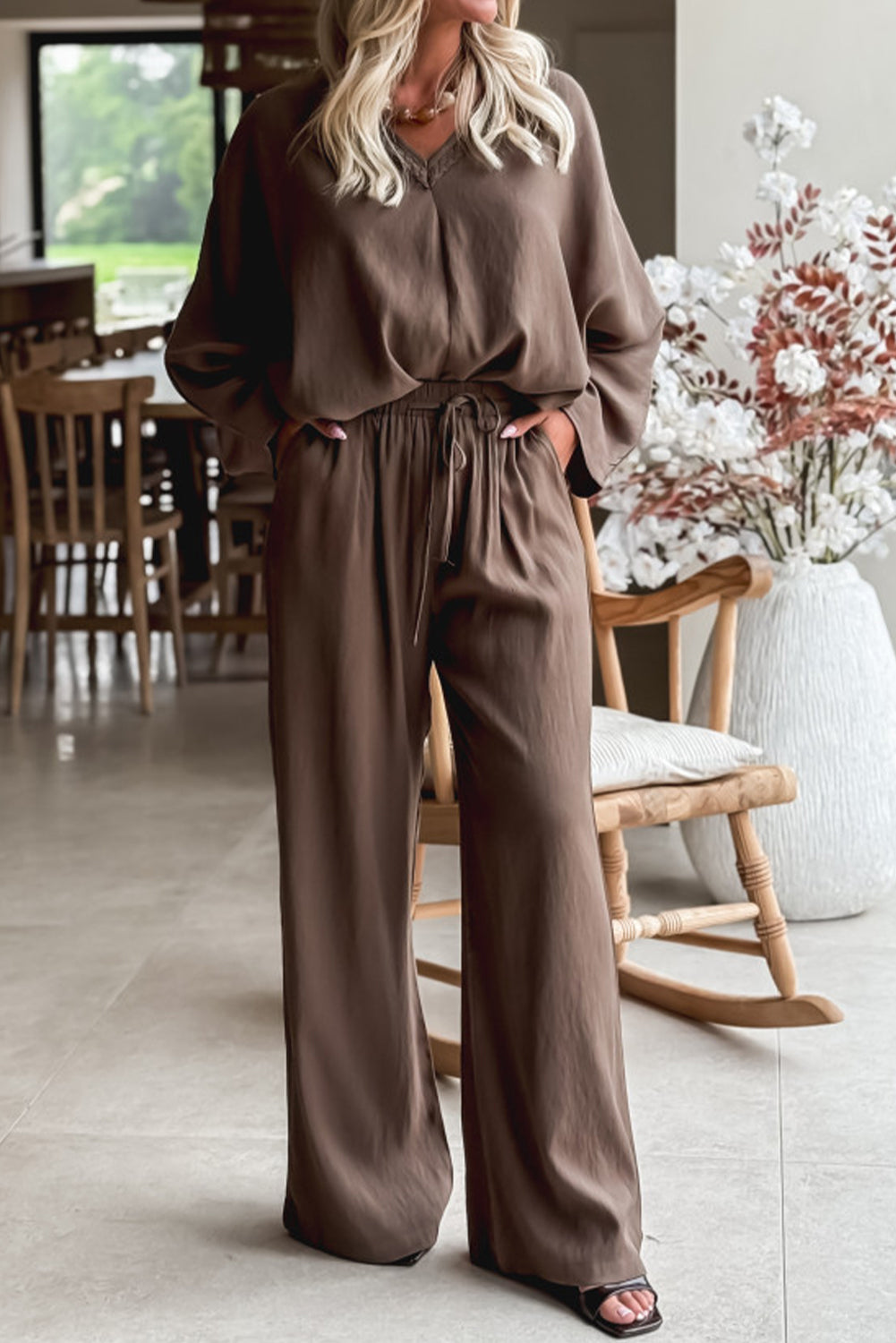 Dark Brown Braided V Neck Long Sleeve Loose Top and Drawstring High Waist Pants 2pcs Outfit-Two Piece Sets/Pant Sets-[Adult]-[Female]-Dark Brown-S-2022 Online Blue Zone Planet