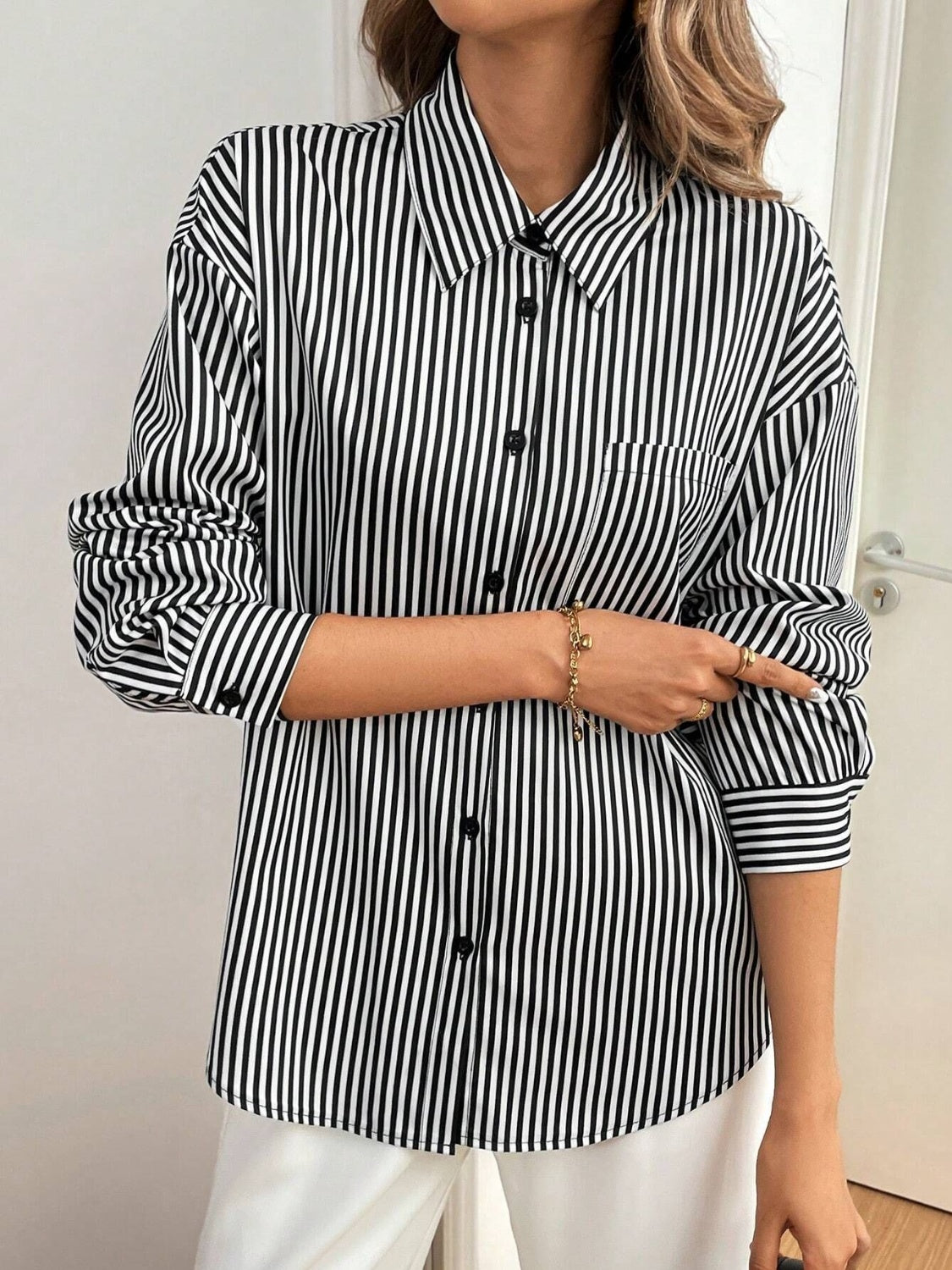 Cutout Bow Back Striped Collared Neck Long Sleeve Shirt-TOPS / DRESSES-[Adult]-[Female]-2022 Online Blue Zone Planet