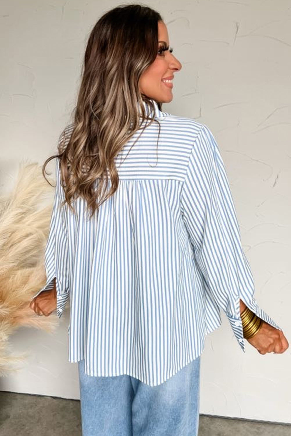 Sky Blue Stripe Shirred Detail Half Placket Collared Long Sleeve Fall Shirt-Tops/Blouses & Shirts-[Adult]-[Female]-2022 Online Blue Zone Planet