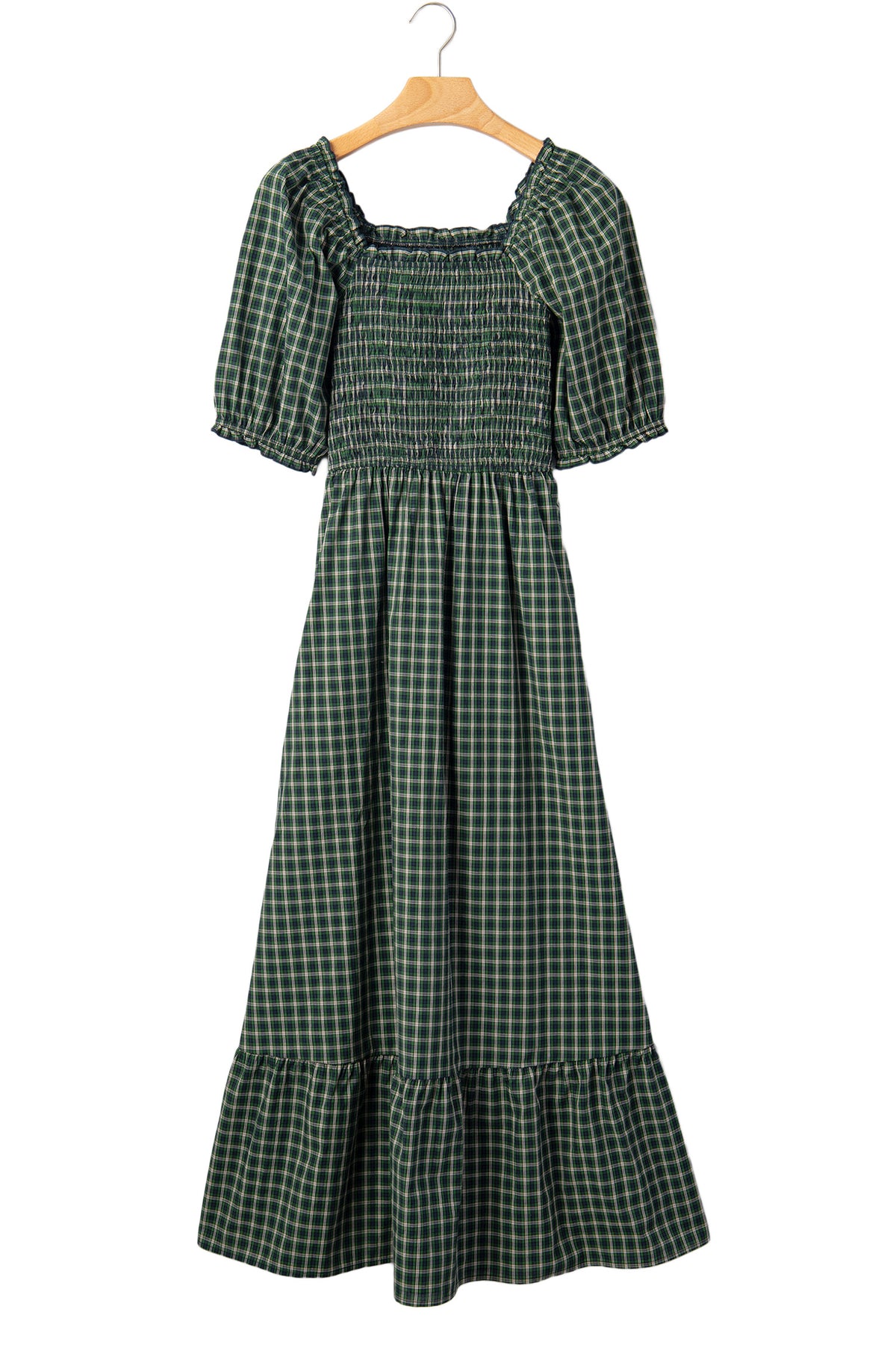 Green Plaid Square Neck Shirred High Waist Ruffle Hem Dress-TOPS / DRESSES-[Adult]-[Female]-2022 Online Blue Zone Planet
